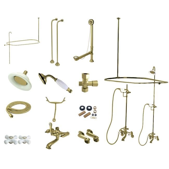 Kingston Brass Vintage Three-Handle 2-Hole Tub Wall Mount Clawfoot Tub Faucet Package with Shower Enclosure and Hand Shower