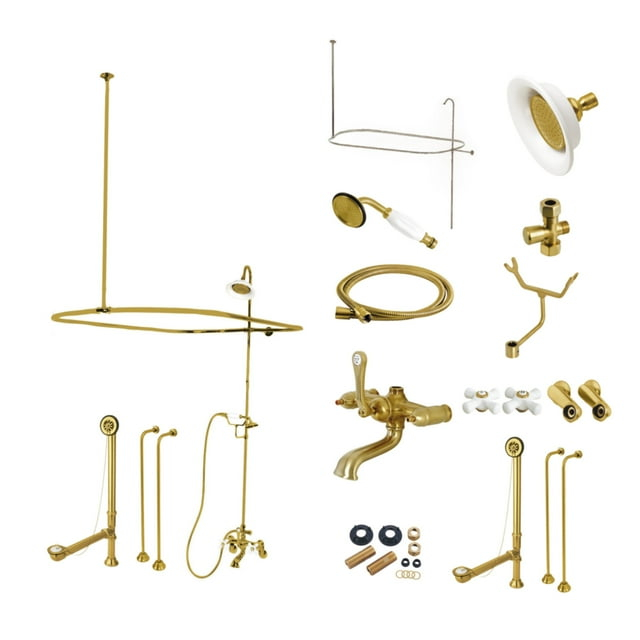 Kingston Brass Vintage Three-Handle 2-Hole Tub Wall Mount Clawfoot Tub Faucet Package with Shower Enclosure and Hand Shower