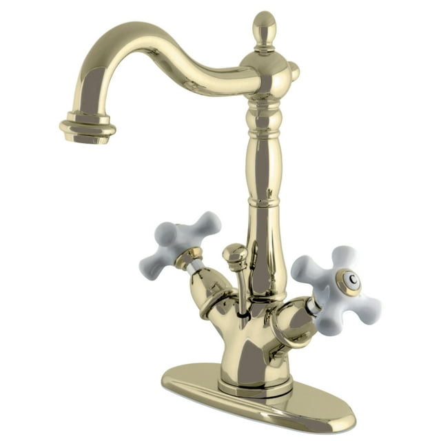 Kingston Brass Heritage Two-Handle 1-or-3 Hole Deck Mount Bathroom Faucet with Brass Pop-Up