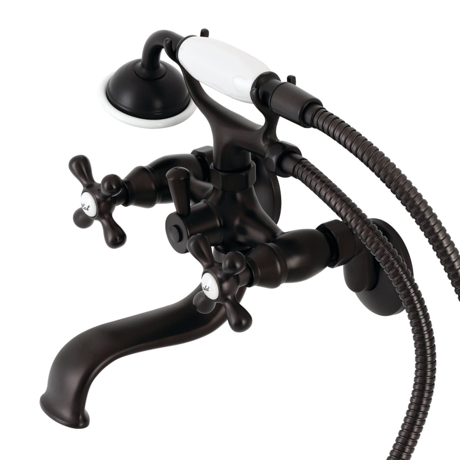 Kingston Brass Kingston Three-Handle 2-Hole Tub Wall Mount Clawfoot Tub Faucet with Handshower