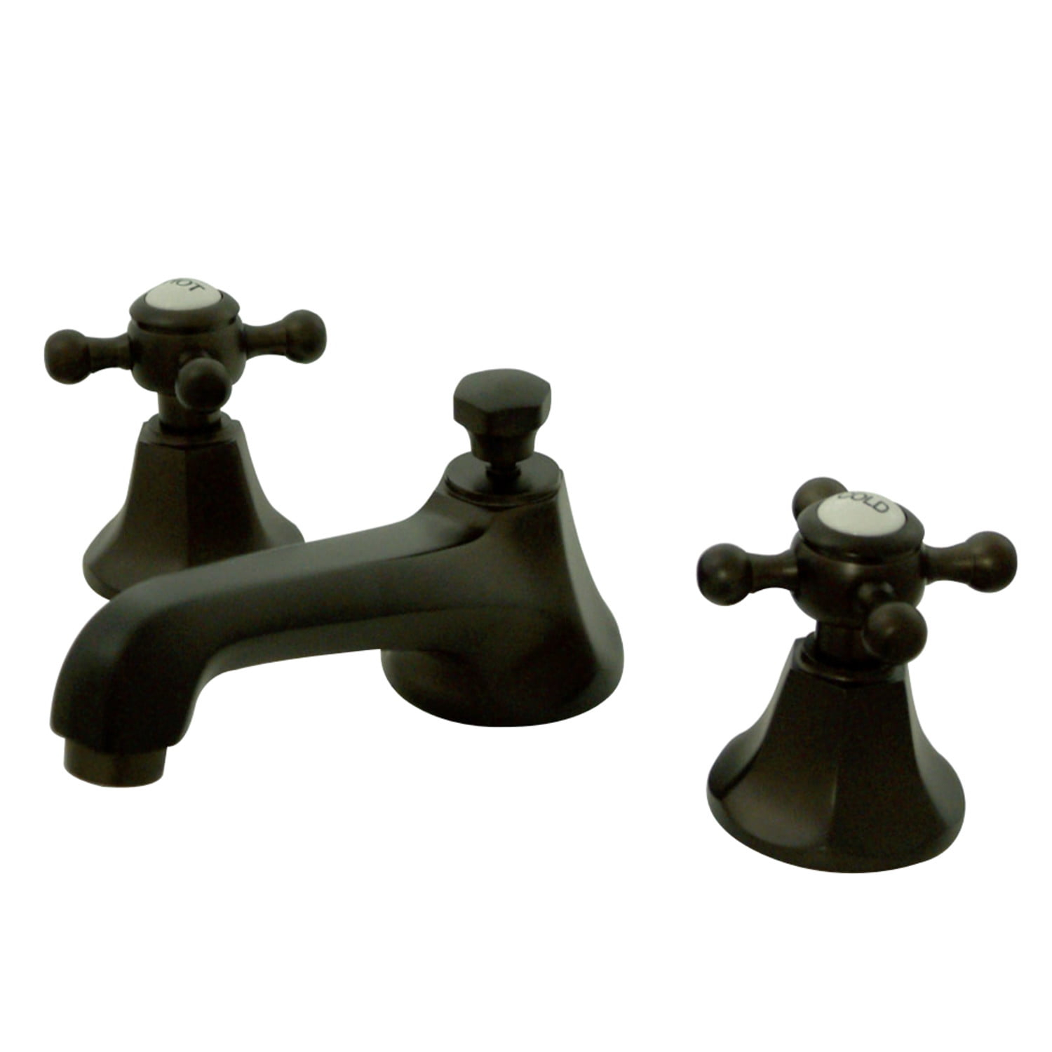 Kingston Brass Metropolitan Two-Handle 3-Hole Deck Mount Widespread Bathroom Faucet with Brass Pop-Up Drain
