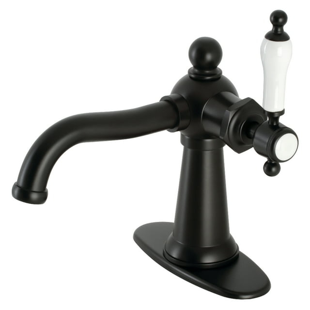 Kingston Brass KSD154KLMB Nautical One-Handle Single-Hole Bathroom Faucet with Deck Plate and Push Pop-Up Drain, Matte Black