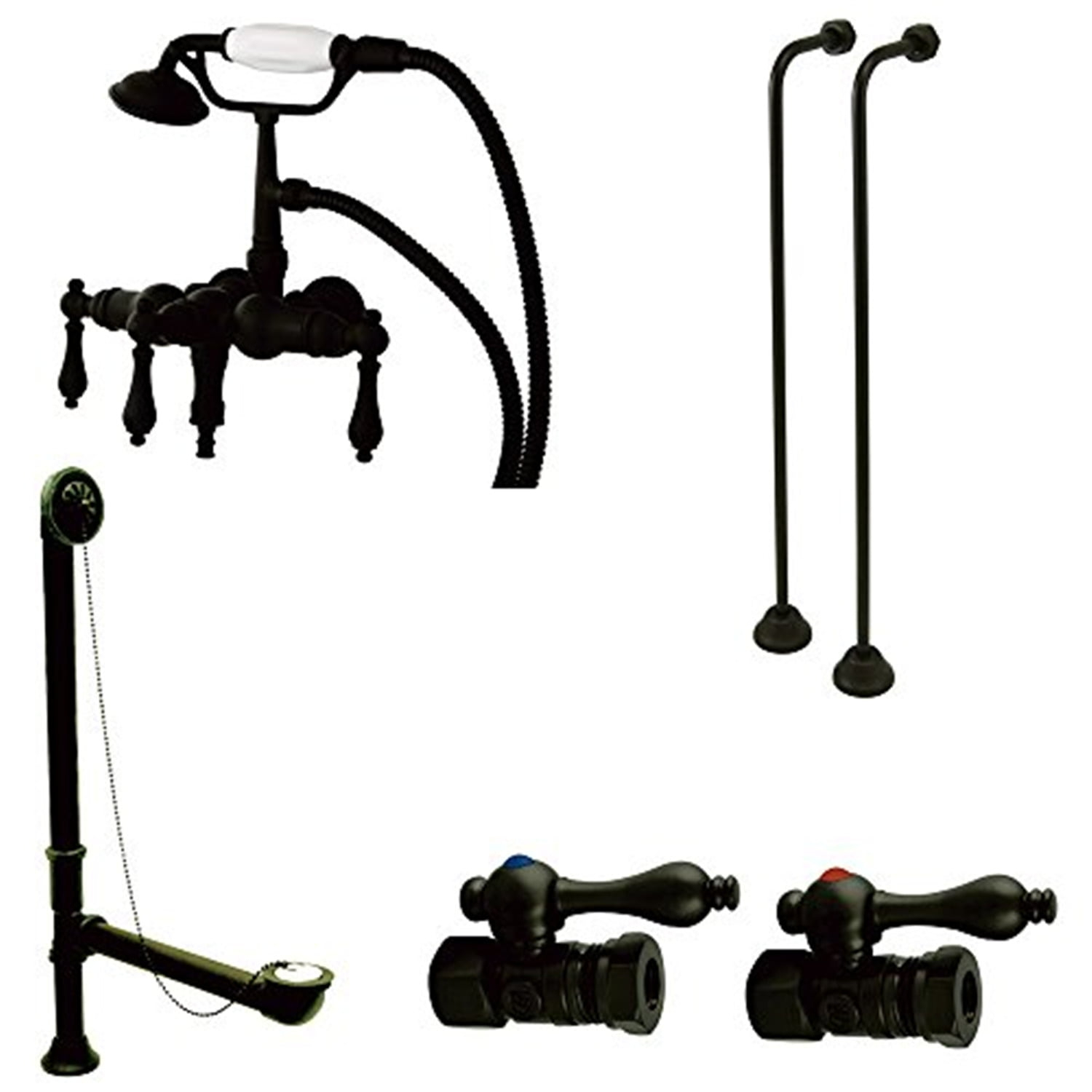 Kingston Brass Vintage Two-Handle 2-Hole Tub Wall Mount Clawfoot Tub Faucet Package with Supply Line, Hand Shower and Tub Drain