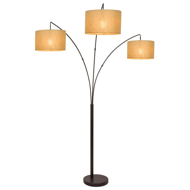 Kira Home Akira 80" Modern 3-Light Arc Floor Lamp with 3-Way Switch, Beige Burlap Drum Shades + Antique Bronze Finish
