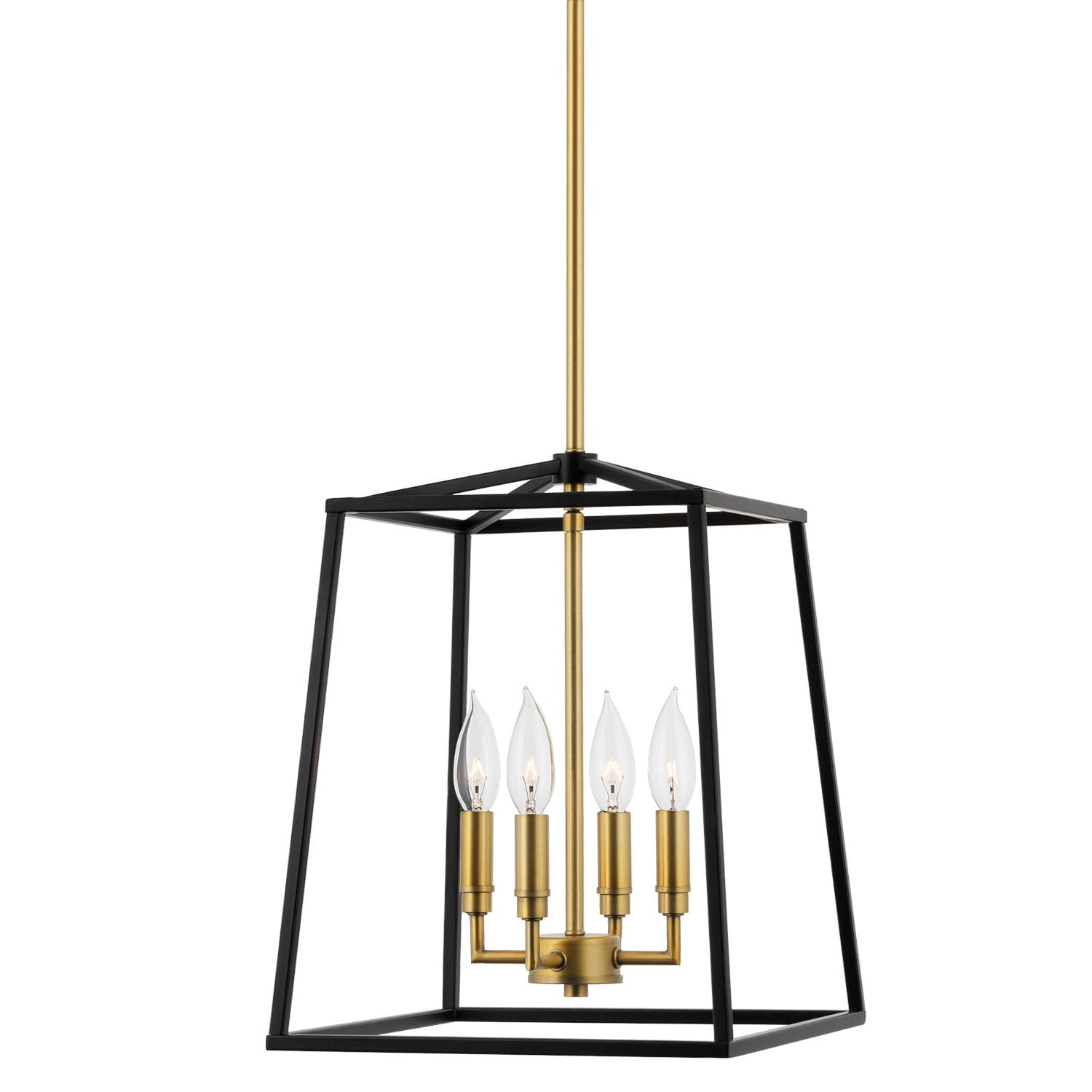 Kira Home Bellevue 16" 4-Light Farmhouse Lantern Pendant Light, Adjustable Foyer Chandelier, Warm Brass Accents + Black