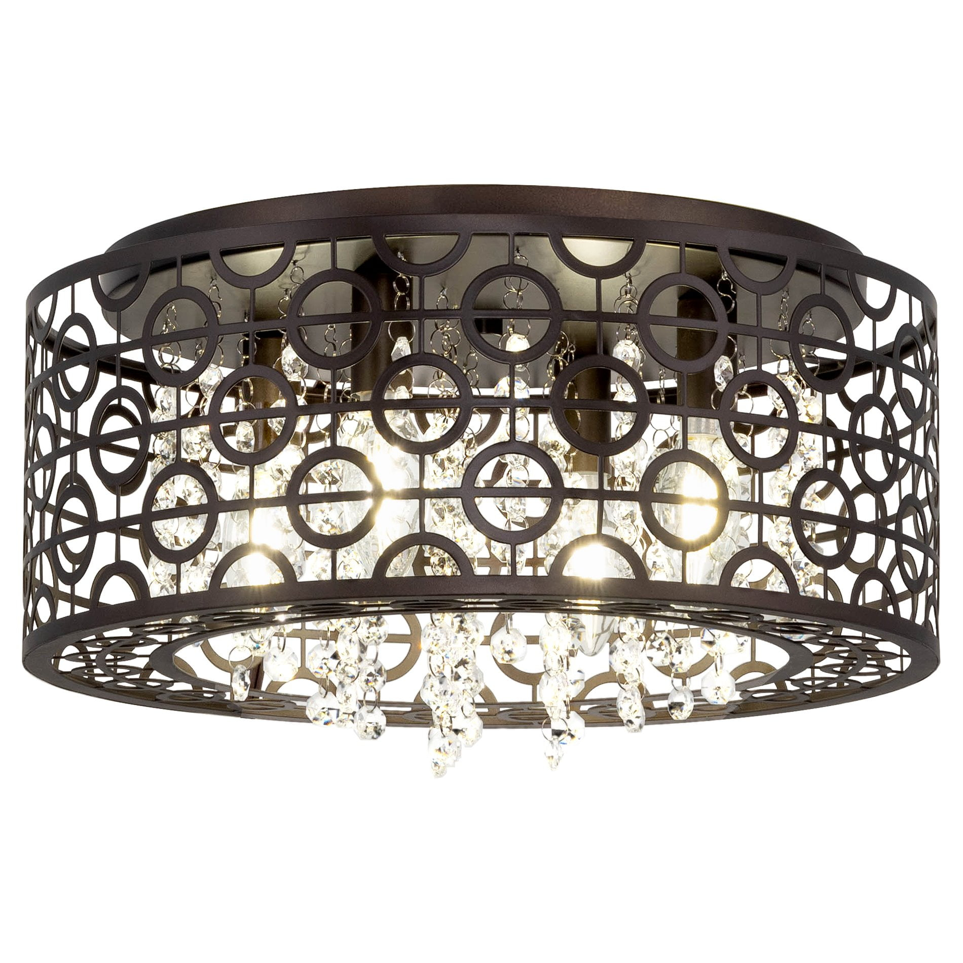 Kira Home Brielle 15" Chic 4-Light Crystal Flush Mount Chandelier + Round Metal Shade, Dimmable, Oil Rubbed Bronze