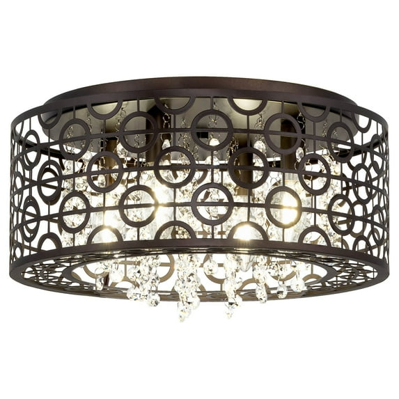 Kira Home Brielle 15" Chic 4-Light Crystal Flush Mount Chandelier + Round Metal Shade, Dimmable, Oil Rubbed Bronze