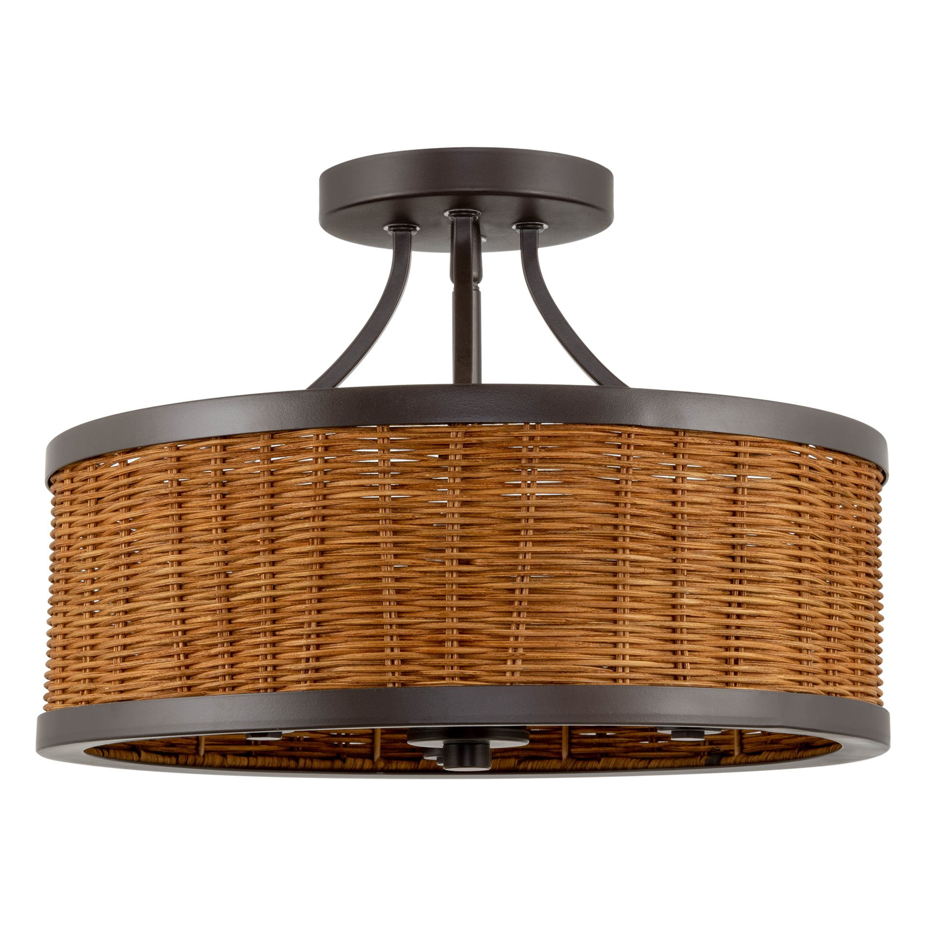 Kira Home Zora 15" 3-Light Modern Semi Flush Mount Ceiling Light + Rattan Wicker Drum Shade, Oil Rubbed Bronze Finish