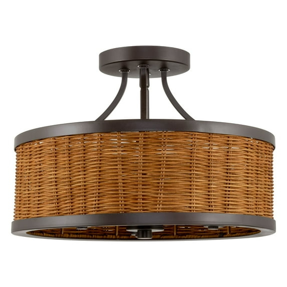 Kira Home Zora 15" 3-Light Modern Semi Flush Mount Ceiling Light + Rattan Wicker Drum Shade, Oil Rubbed Bronze Finish