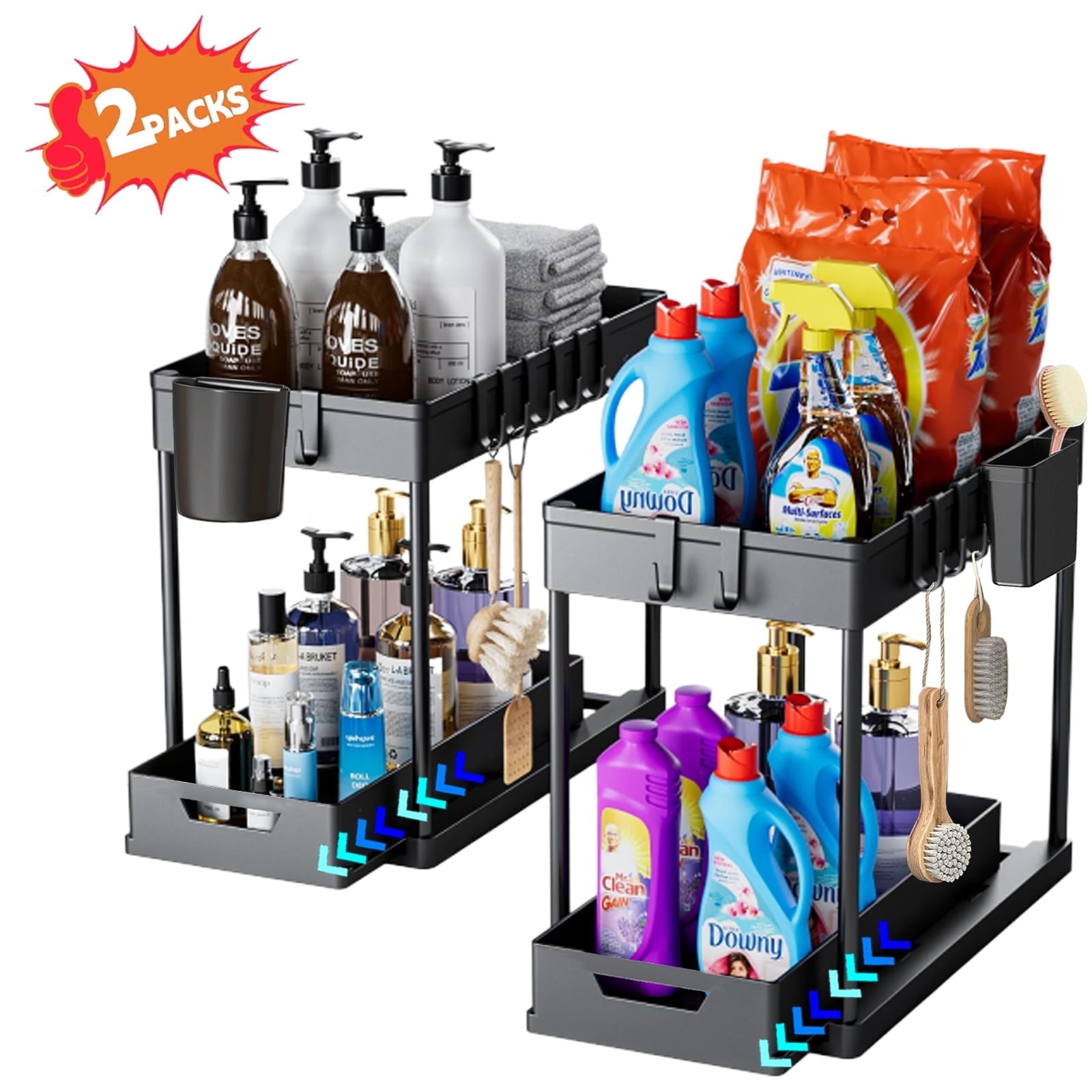Kisportee 2 Pack Under Sink Organizer, 2 Tier Sliding Under Bathroom Cabinet Organizer with 10 Hooks and 4 Hanging Cups, Multi-Purpose Kitchen Counter Shelf, Black