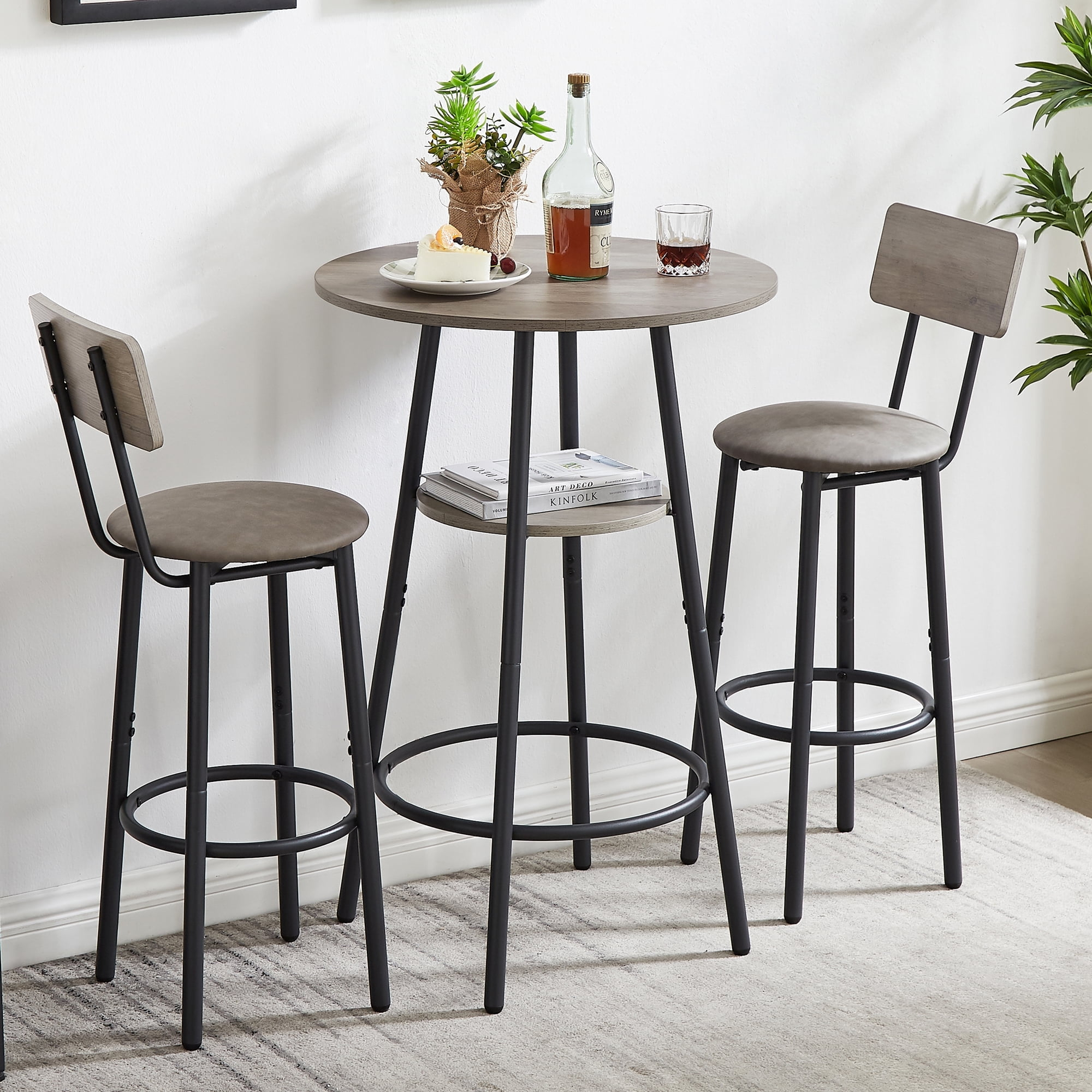 Kitchen Bar Table Set, 3-Piece Bar Table Set for Kitchen, Round Dining Room Set with 2 Upholstered Chairs, Gray Table and Chairs Dining Set for Pub Bistro Restaurant