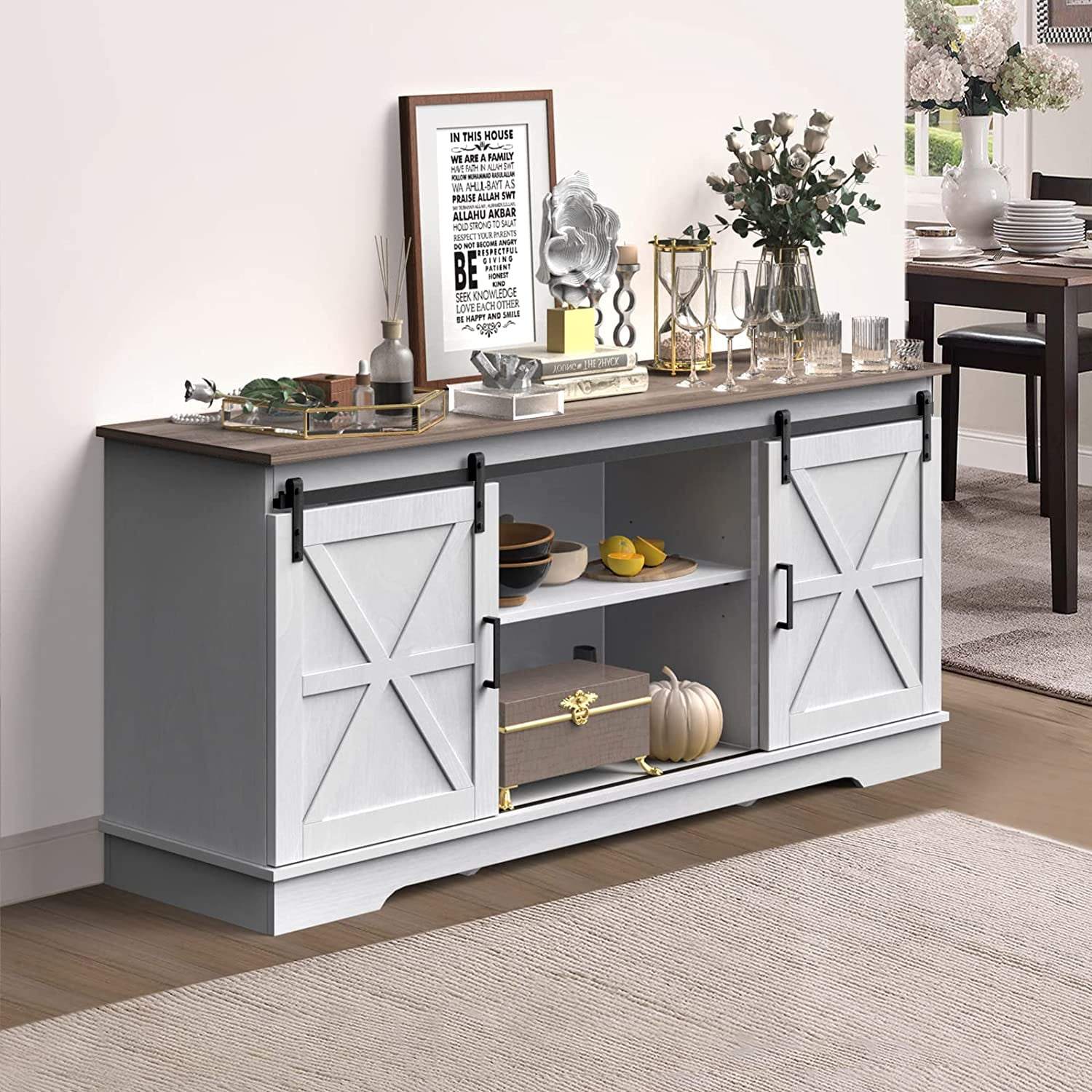 Kitchen Buffet Cabinet, 60“ Farmhouse Sliding Barn Door Coffee Bar Sideboard Buffet Cabinet with Capacity 300 lbs for Home Kitchen Dinning Living Room, Grey White/Grey Wash