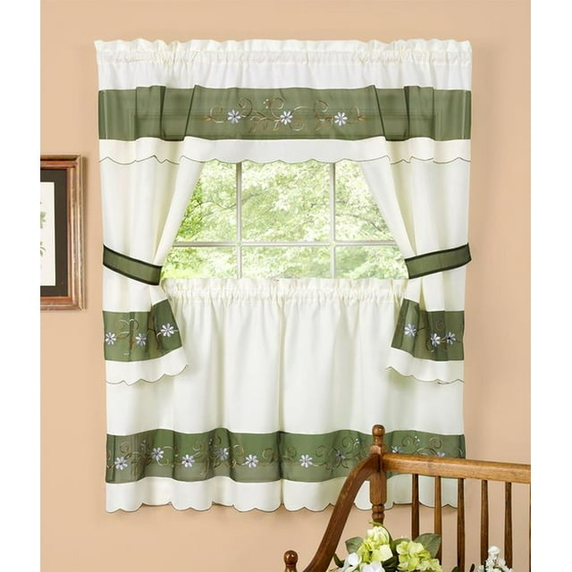 Achim Home Furnishing Berkshire Window Kitchen Curtains 3-Piece Embellished Cottage Set - 56" (W) x 36" (L) Complete Set, Green