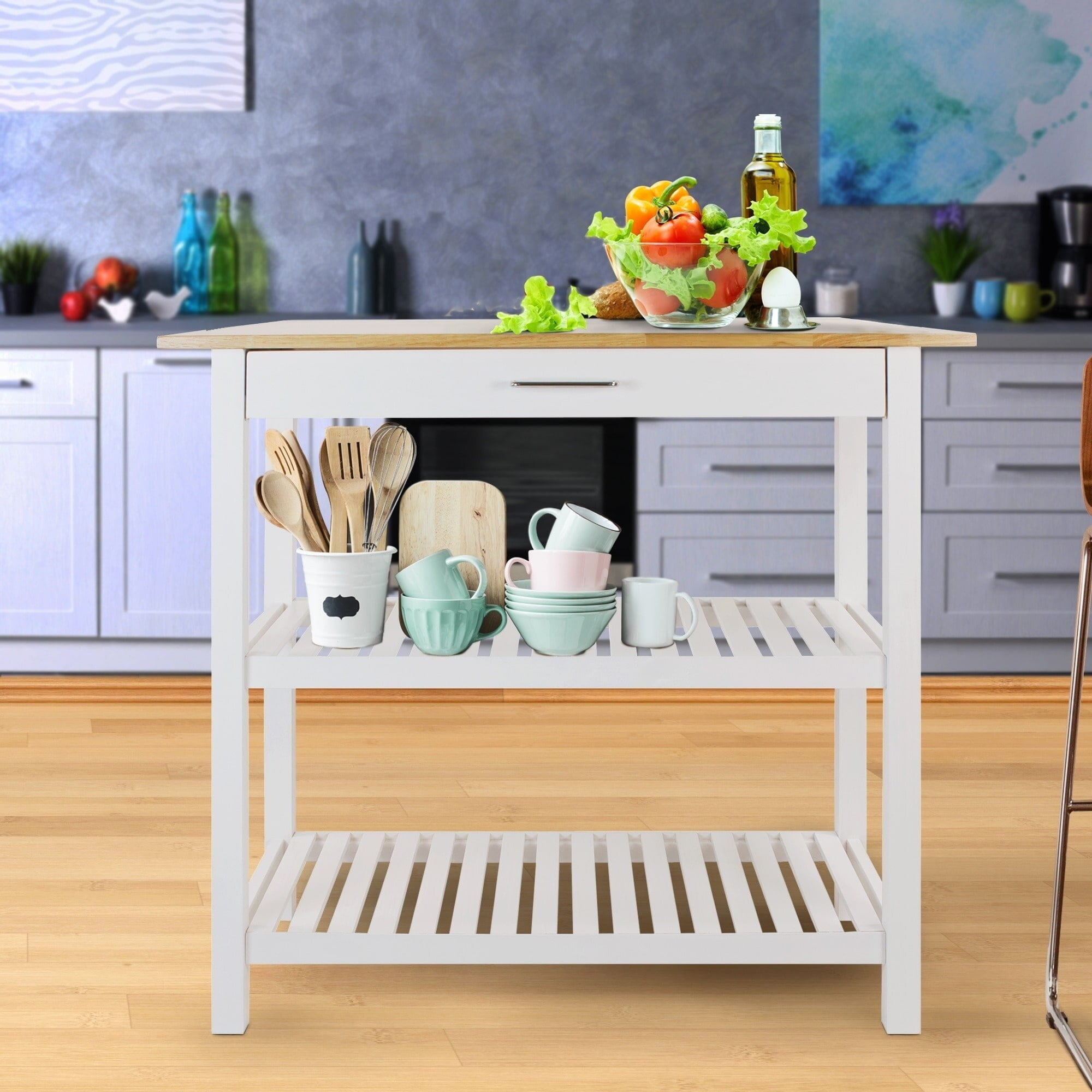 Casual Home Kitchen Island Bar Station with Hardwood Counter and Storage, White