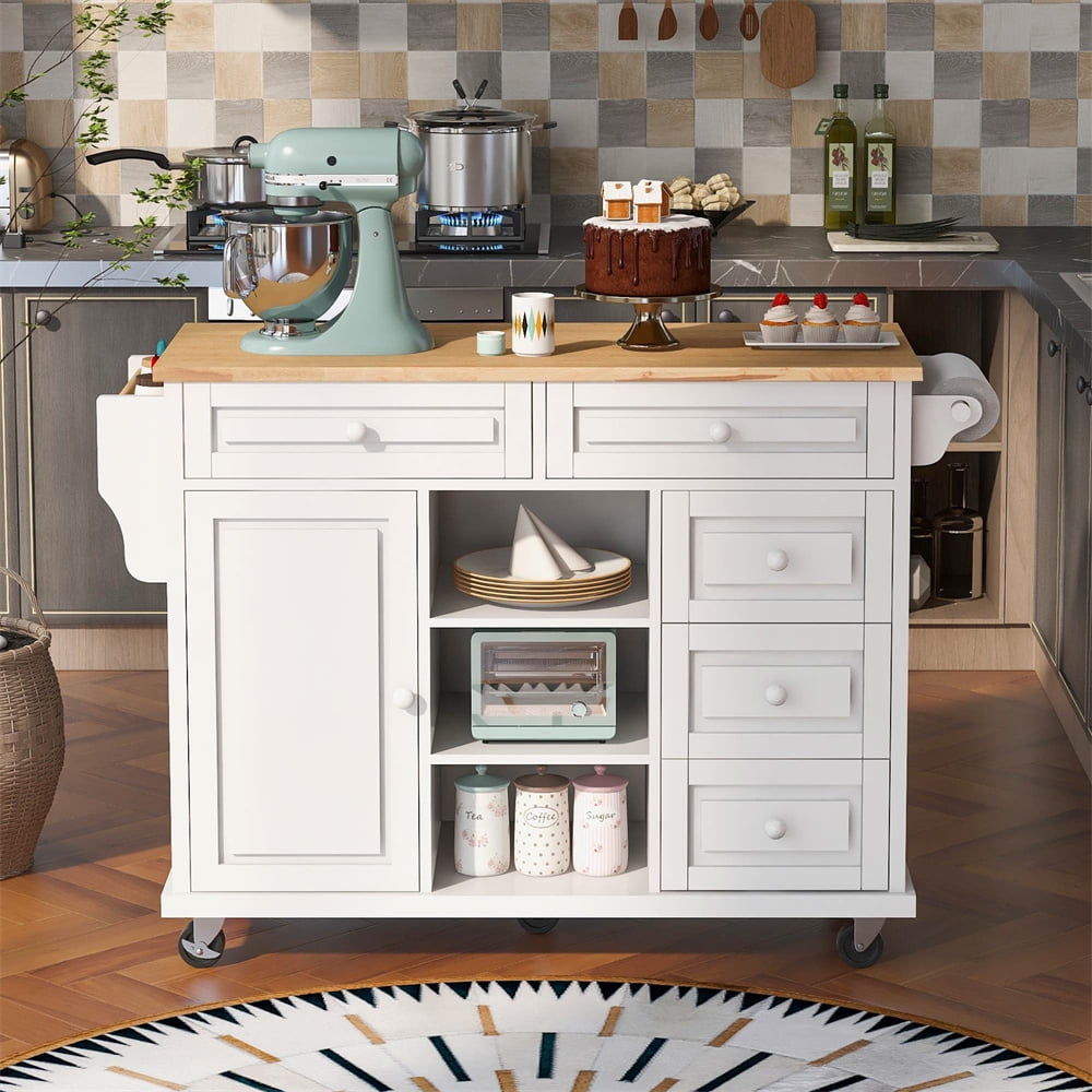 Kitchen Island Cart with 5 Drawers, 1 Cabinet and 2 Adjustable Shelves, 52.8" Kitchen Trolley Cart with Spacious Tabletop and Locking Wheels, Buffet Server Sideboard with Spice Rack & Towel Rack White
