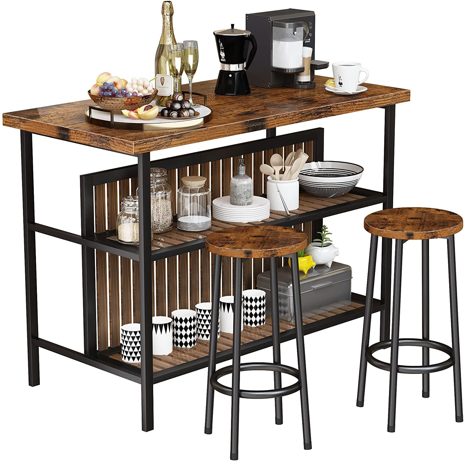 DKLGG Kitchen Island with Storage, 3 Piece Dining Table Set with 2 Tier Storage Shelves, Bar Table with Barstool, Sturdy Island Table with Chairs for Restaurant, Living Room
