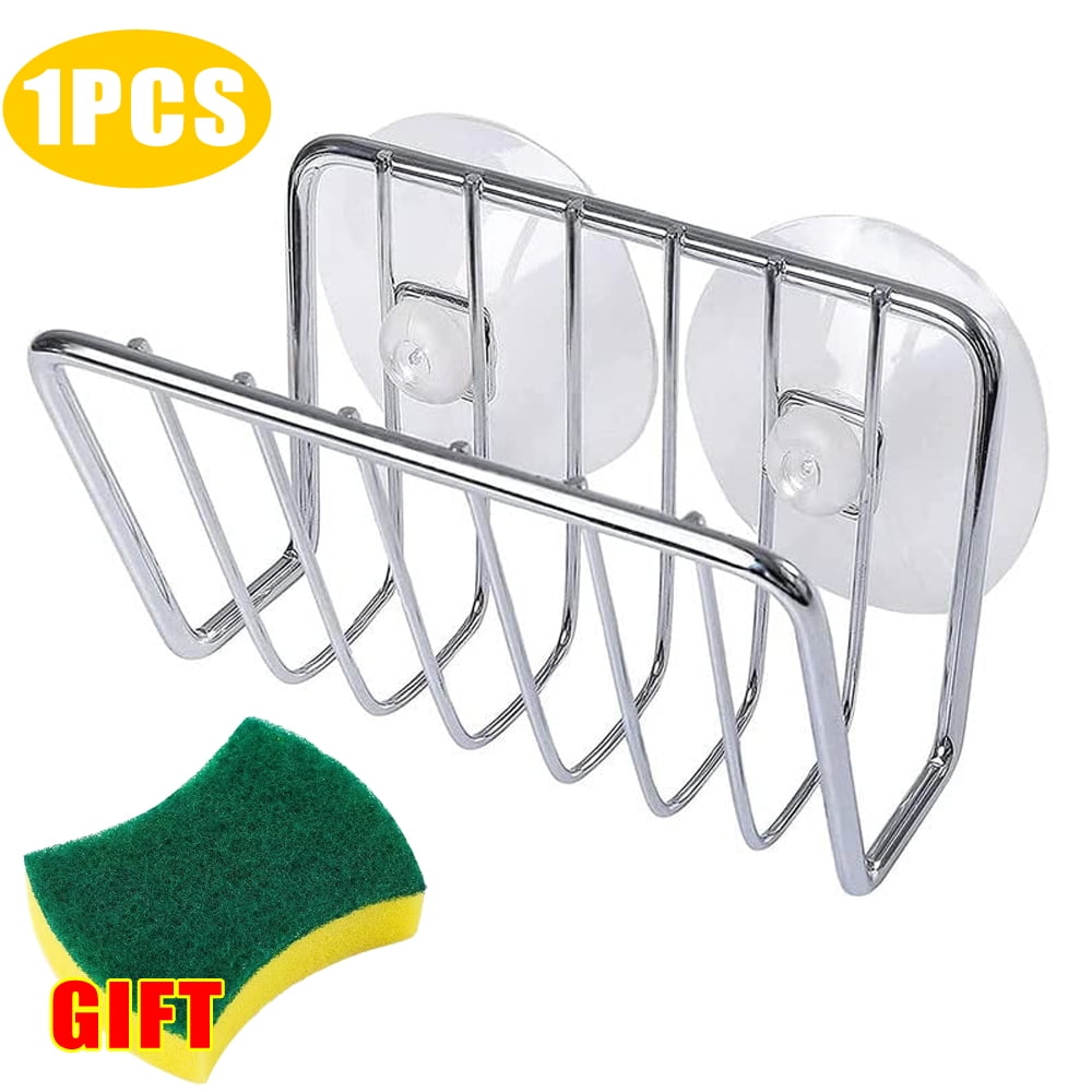 FZM Sponge Holder for Kitchen Sink Stainless Steel Suction Cup Sponge Caddy Silver Storage Rack