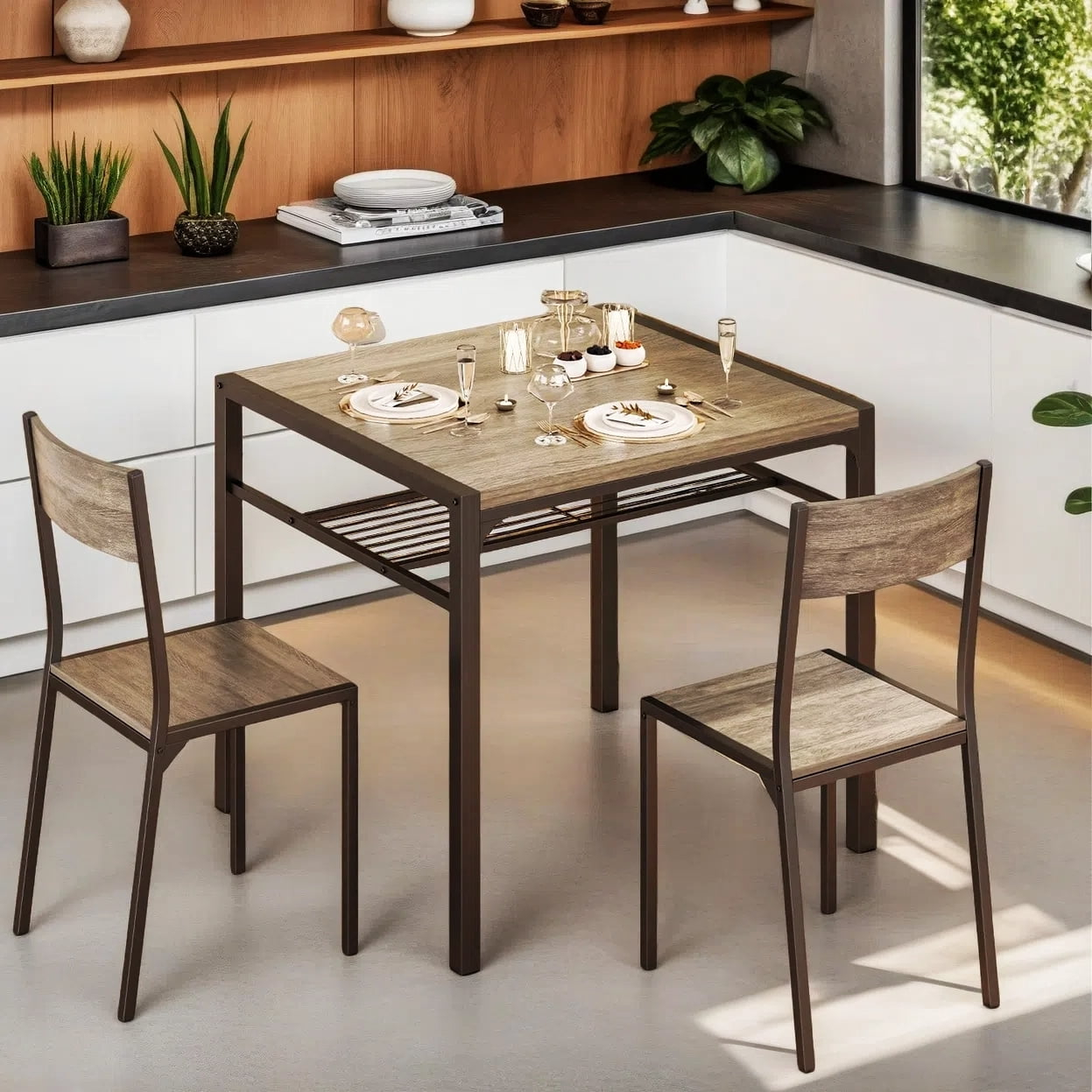 Juego de Mesa y Sillas de Cocina para 2, Mesa de Comedor Lofka con Estante de Almacenamiento para Guardar Pañuelos y Tazas, 300 Libras, Gris