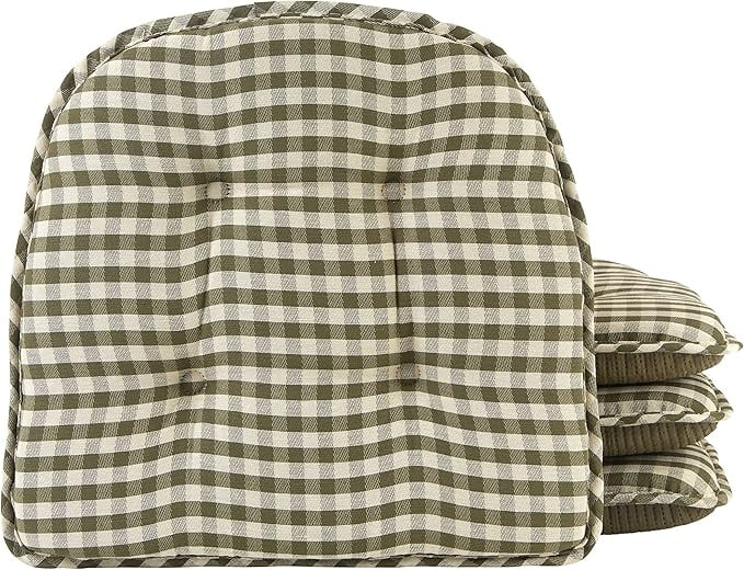Non-Slip Tufted Chair Cushions for Dining Room, Kitchen and Office Use, U-Shaped Skid-Proof Seat Pad, 15x16 Inches, 4 Pack, Gingham Pine
