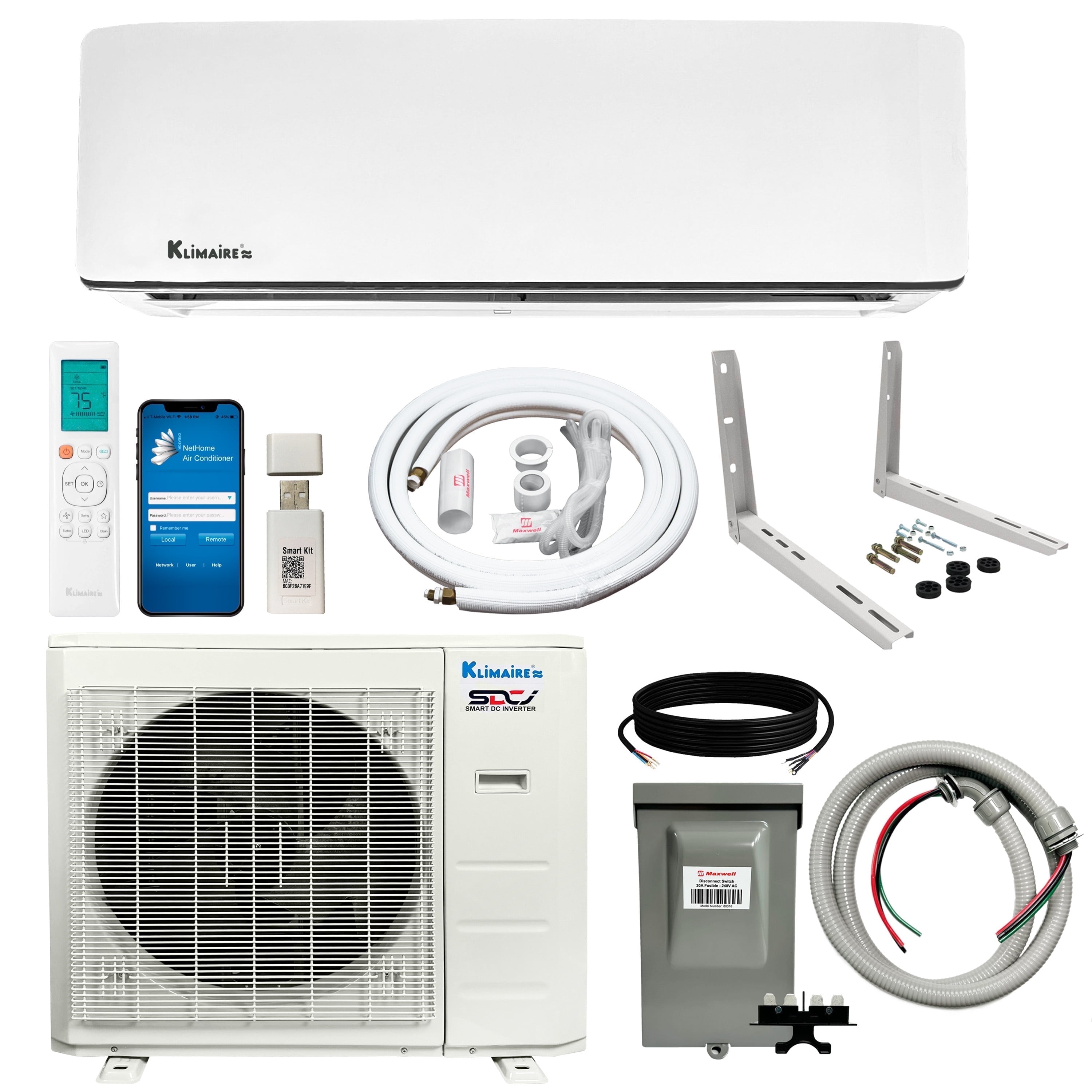 Klimaire 36,000 BTU 17.5 SEER2 Wi-Fi-Enabled Ductless Mini-Split Heat Pump Air Conditioner with Installation Kit, Up to 2,400 Sq. Ft