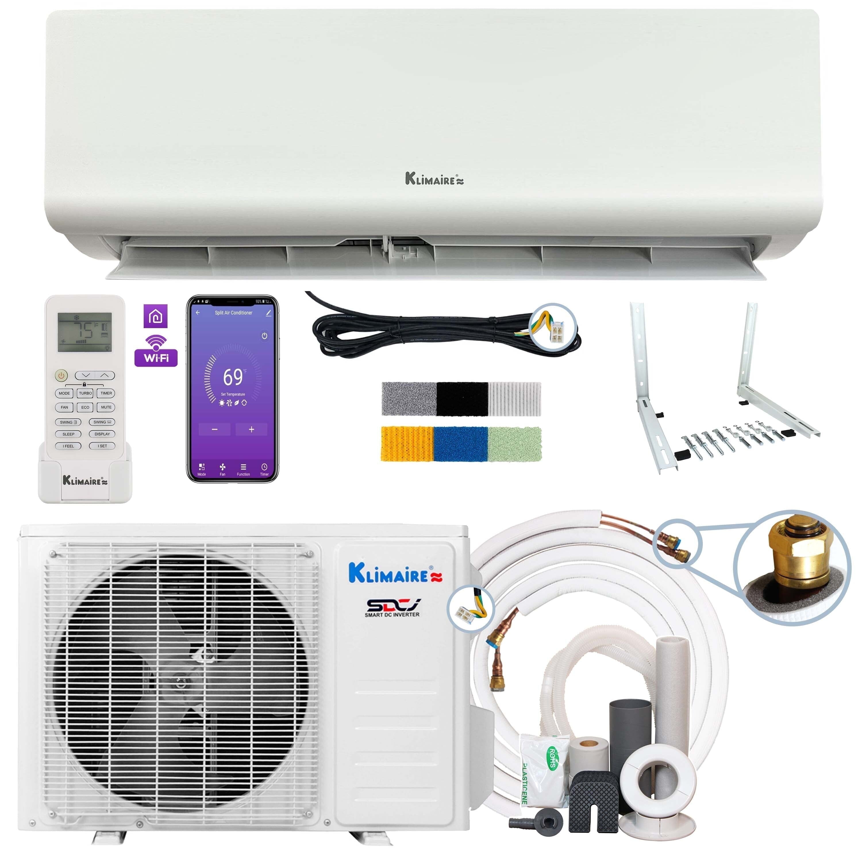 Klimaire DIY 18,000 BTU 19 SEER2 WiFi-Enabled Mini-Split Heat Pump Air Conditioner with 25-Ft Pre-Charged Quick-Connect Installation Kit, Up to 1,000 Sq. Ft.
