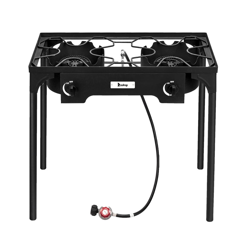 Hassch Outdoor Camp Stove Propane Gas Cooker Portable Cast Iron Patio Cooking Burner (Double Burner 150000-BTU), Black