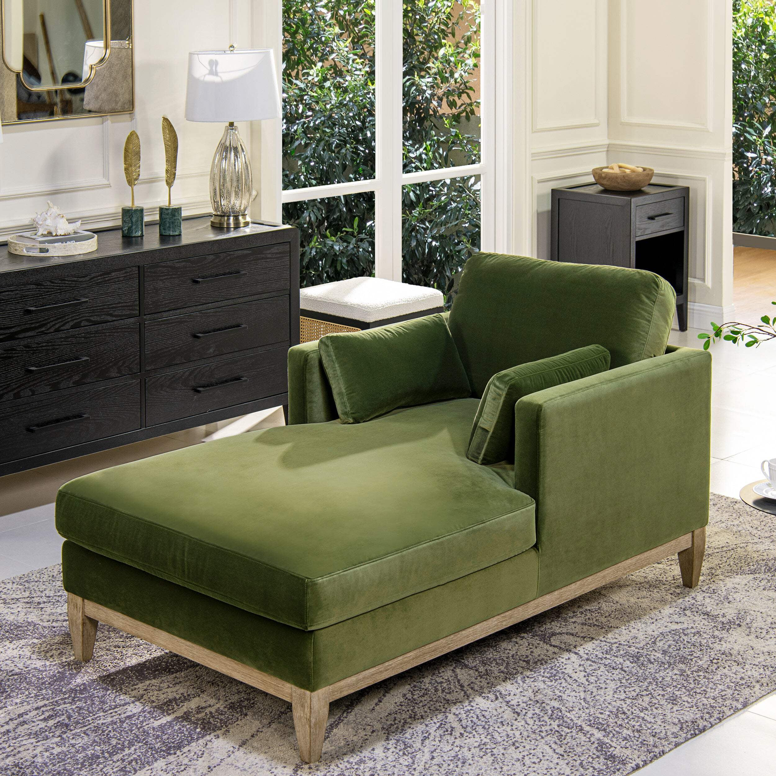 Jennifer Taylor Home Knox 65" Modern Farmhouse Performance Velvet Living Room Chaise Lounge Chair in Olive Green
