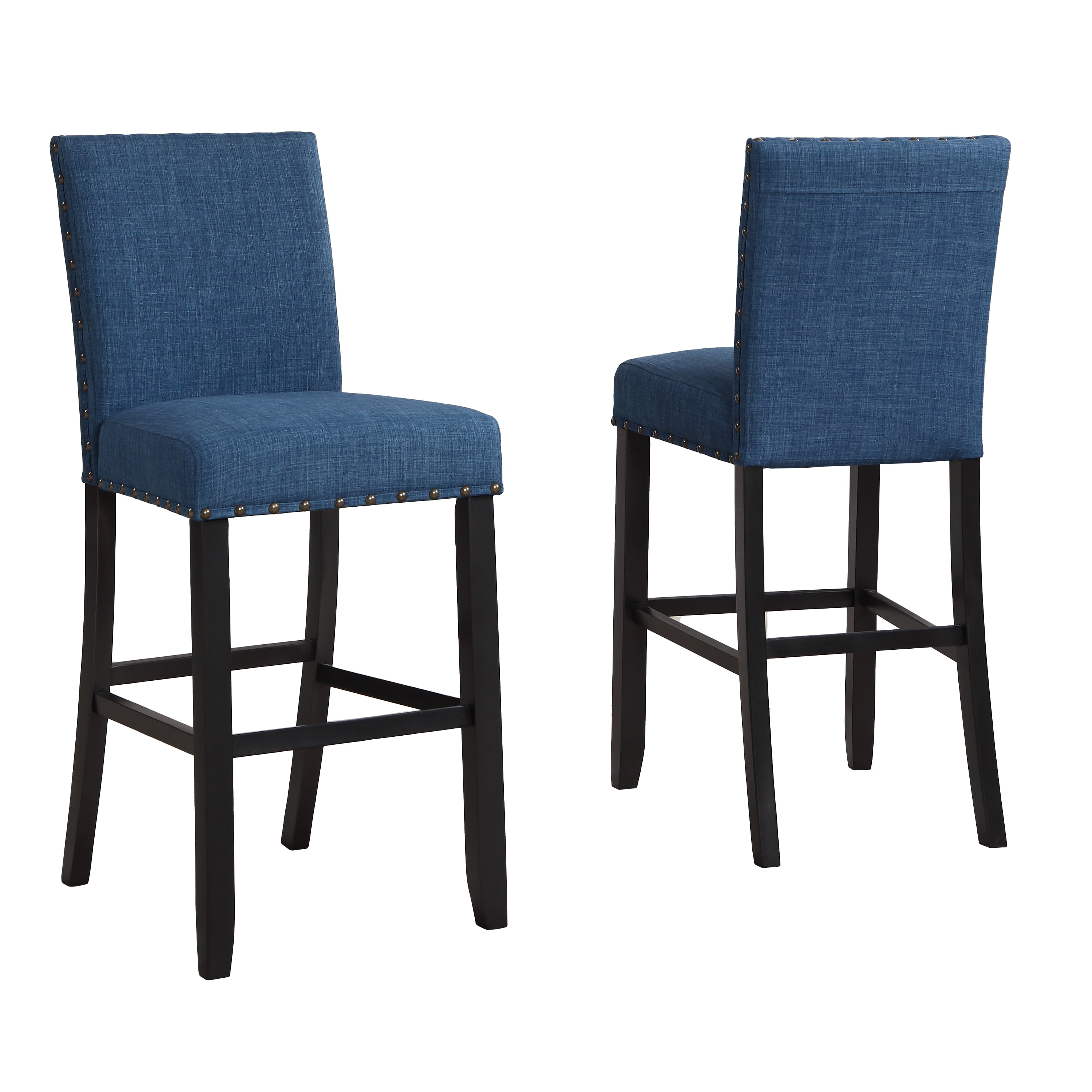 Bar Chair with Fabric Seat & Nailhead Trim, Blue - Set of 2