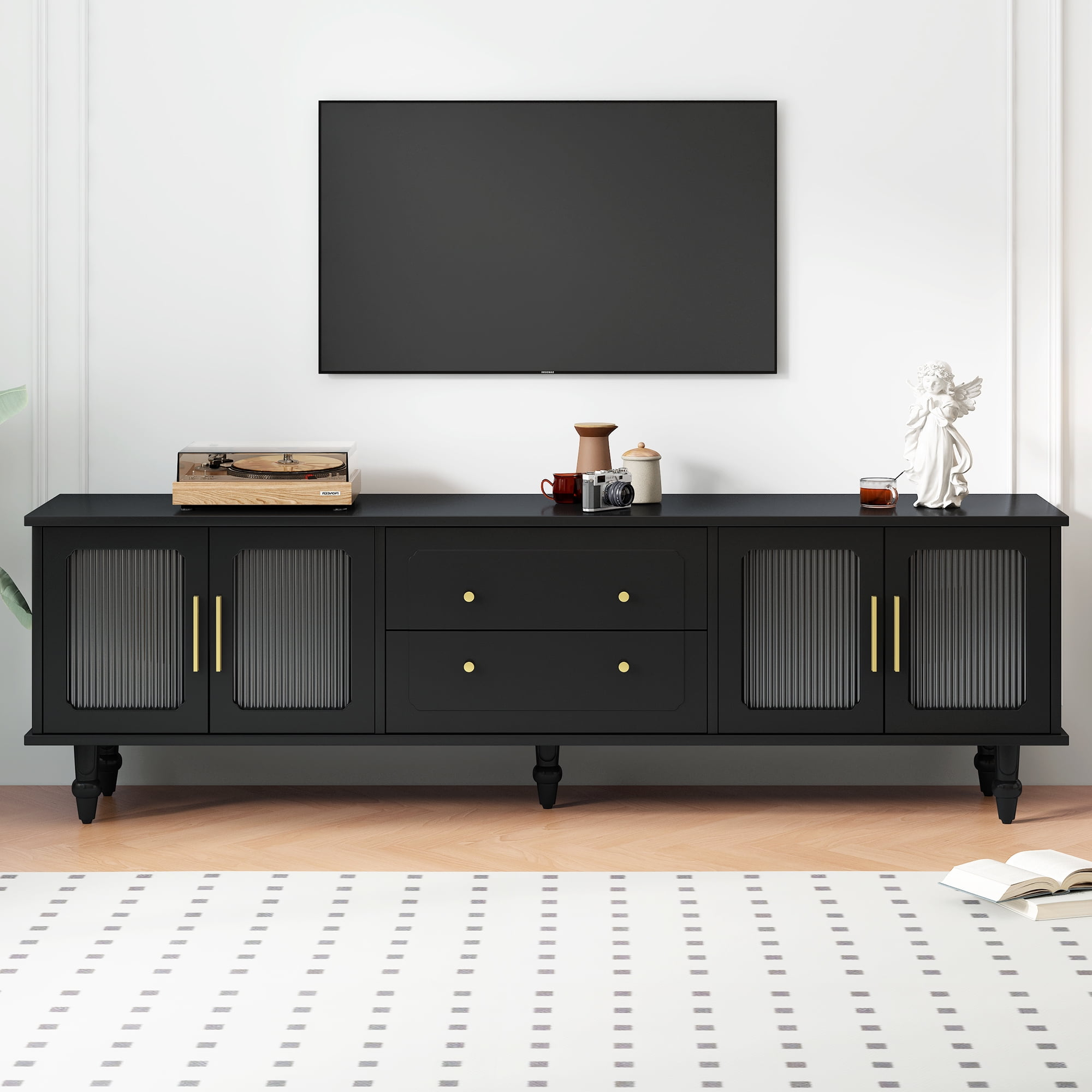 Knubmt TV Stand for TVs Up to 78", Entertainment Center with 2 Drawers and Cabinets, Modern Media Console for Living Room, Black