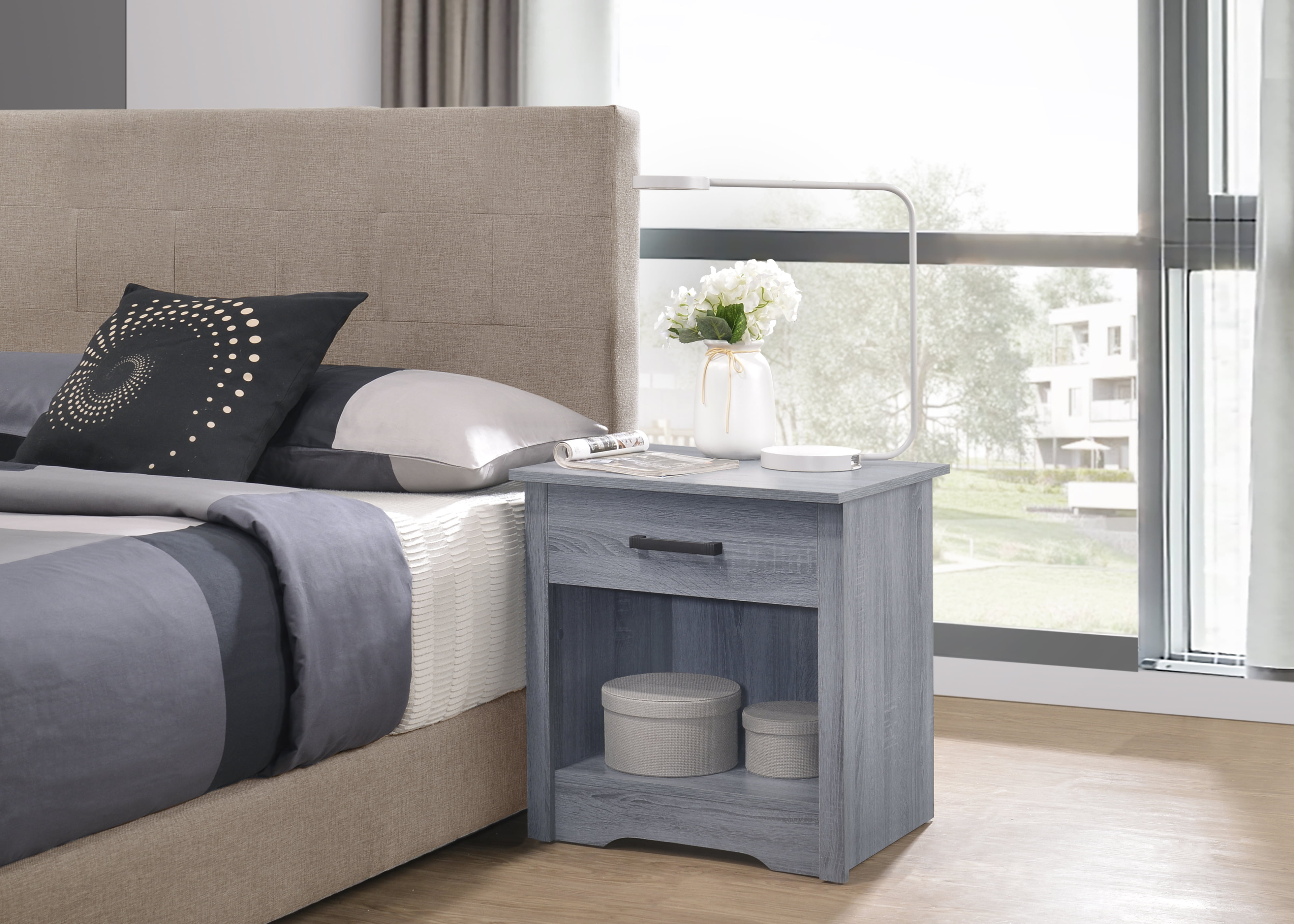 Nmkwnr 1 Drawer Nightstand with Bottom Shelf, Gray