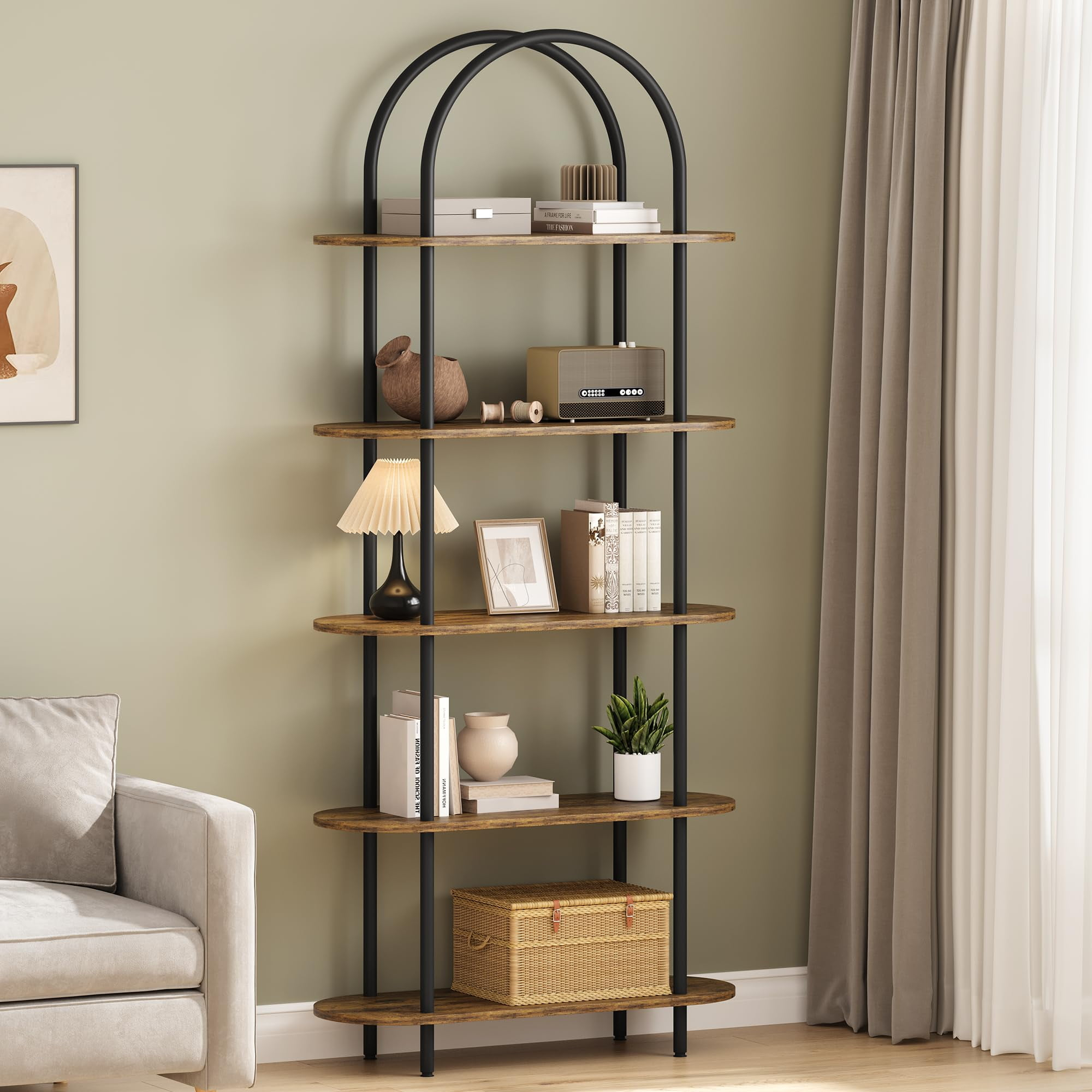 Black and Retro Five-Tier Arched Metal and Wood Bookshelf