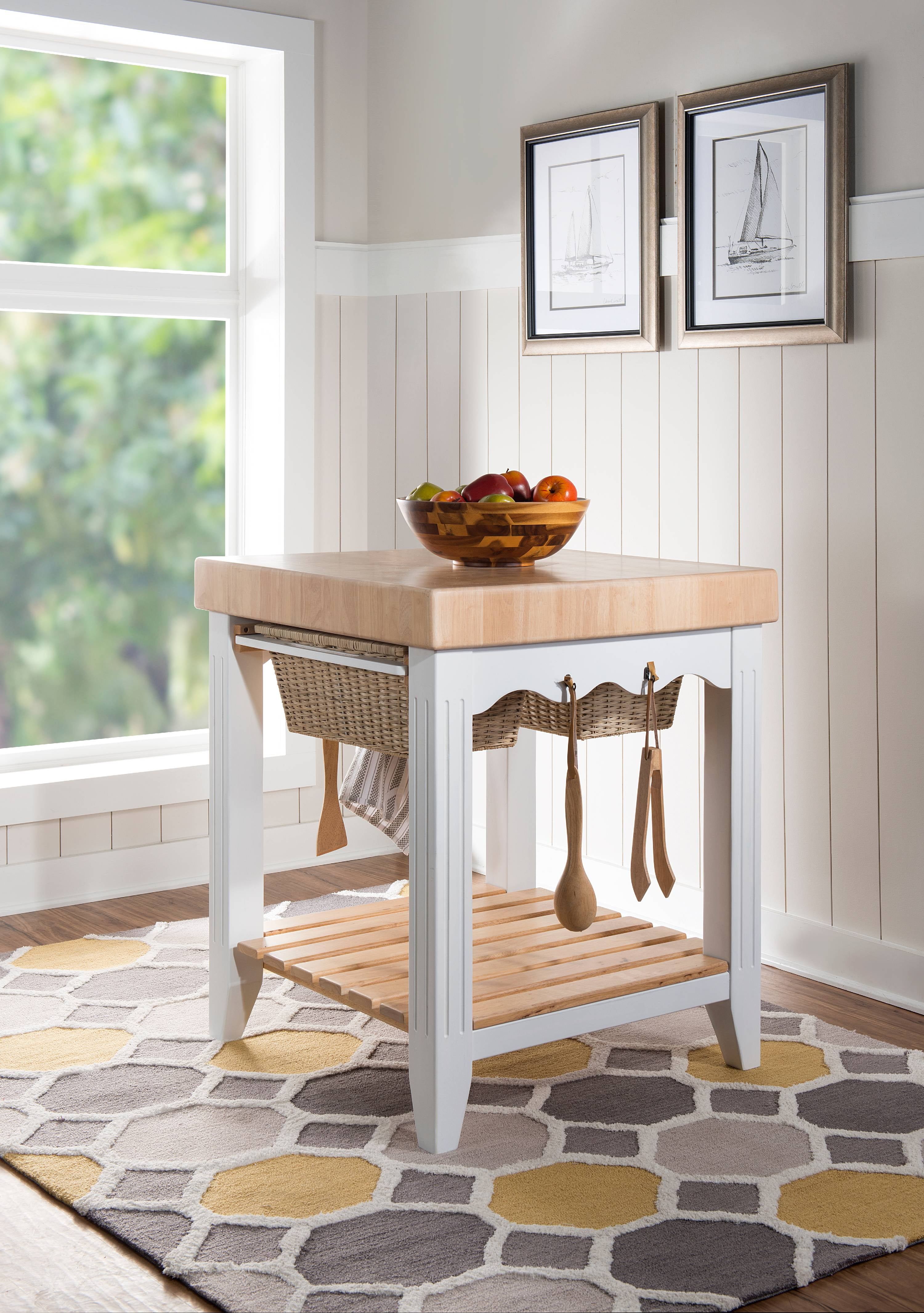 Linon Kolton Butcher Block Kitchen Island with 2 Baskets in White/Natural Wood