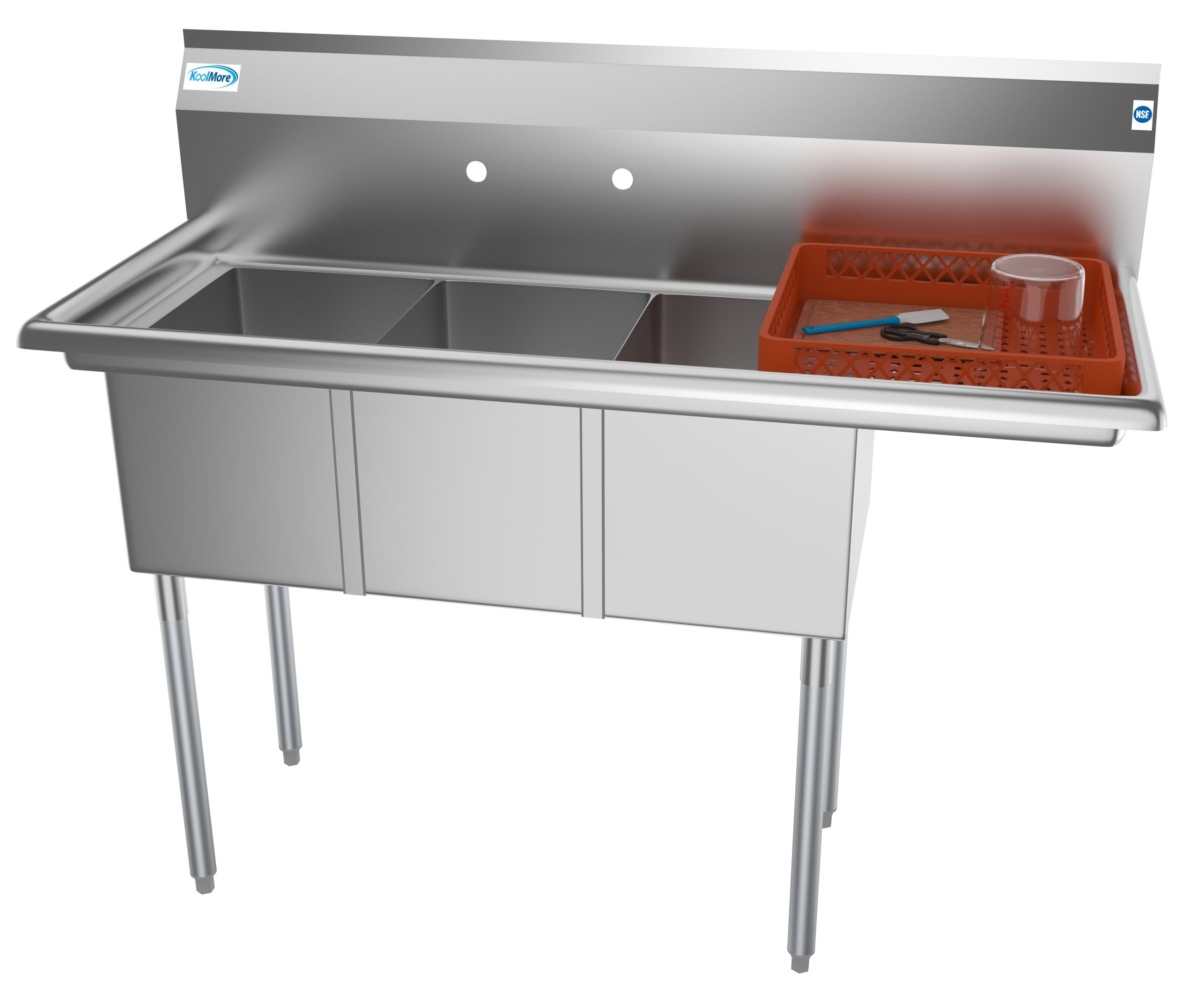KoolMore 51 in. Three Compartment Stainless Steel Commercial Sink with Drainboard, Bowl Size 12"x 16"x 10"