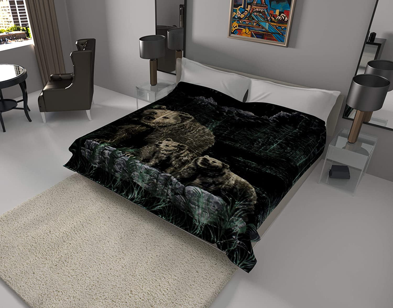 Korean Solaron Super Thick Heavy Weight Ultra Silky Soft Mink Heavy Duty Reversible Blanket bed comforters bedspreads bedding comforter King or Queen or Twin (Queen, Bear & Cups Green)