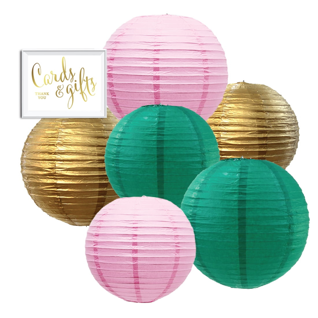 Koyal Wholesale Blush Pink, Emerald Green, Gold Hanging Paper Lanterns Decorative Kit, 6-Pack with Free Gifts Party Sign