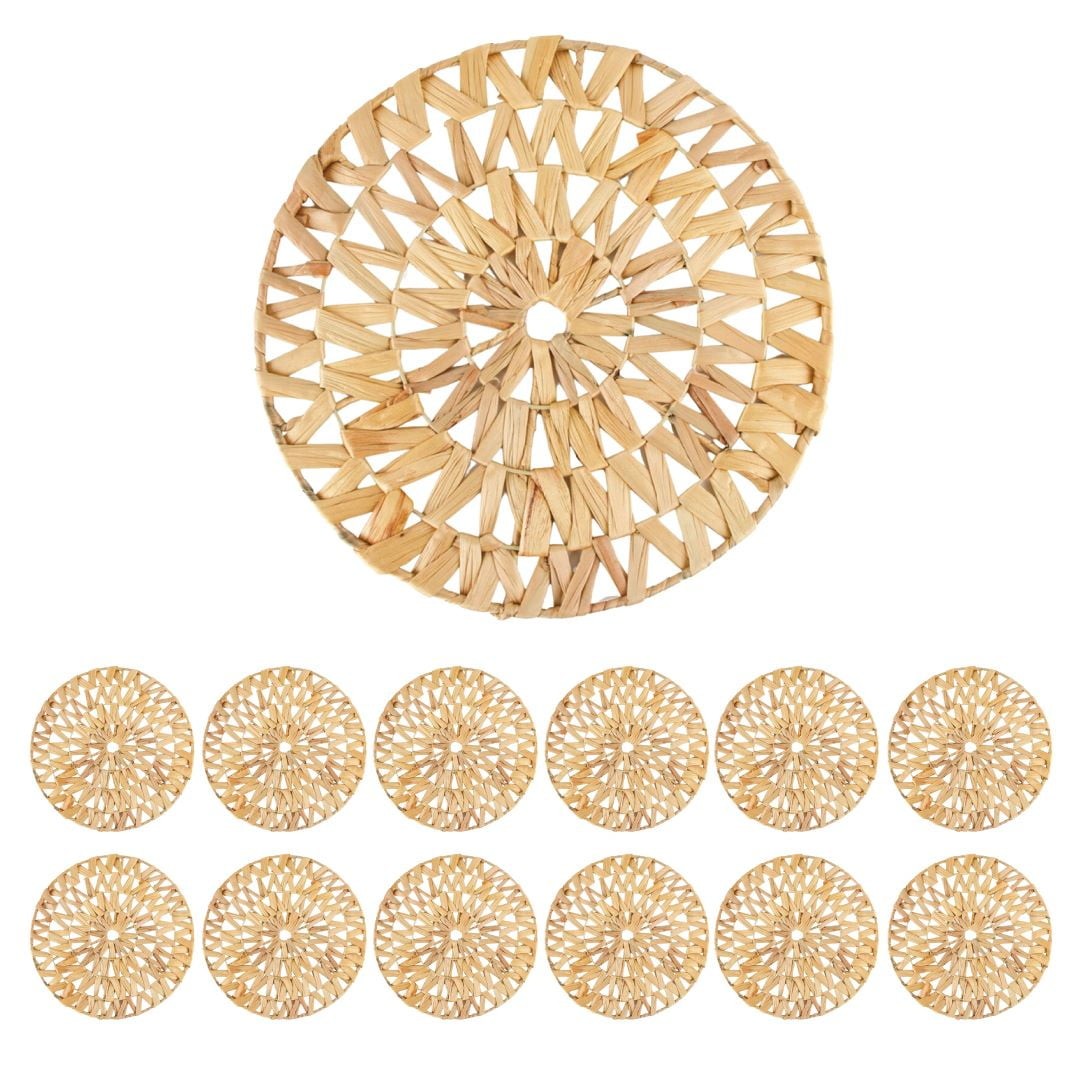 Koyal Wholesale Woven Placemats Set of 12, 14.8" Round Boho Placemats, Water Hyacinth Placemats, Farmhouse Place Mats, Wicker Placemats