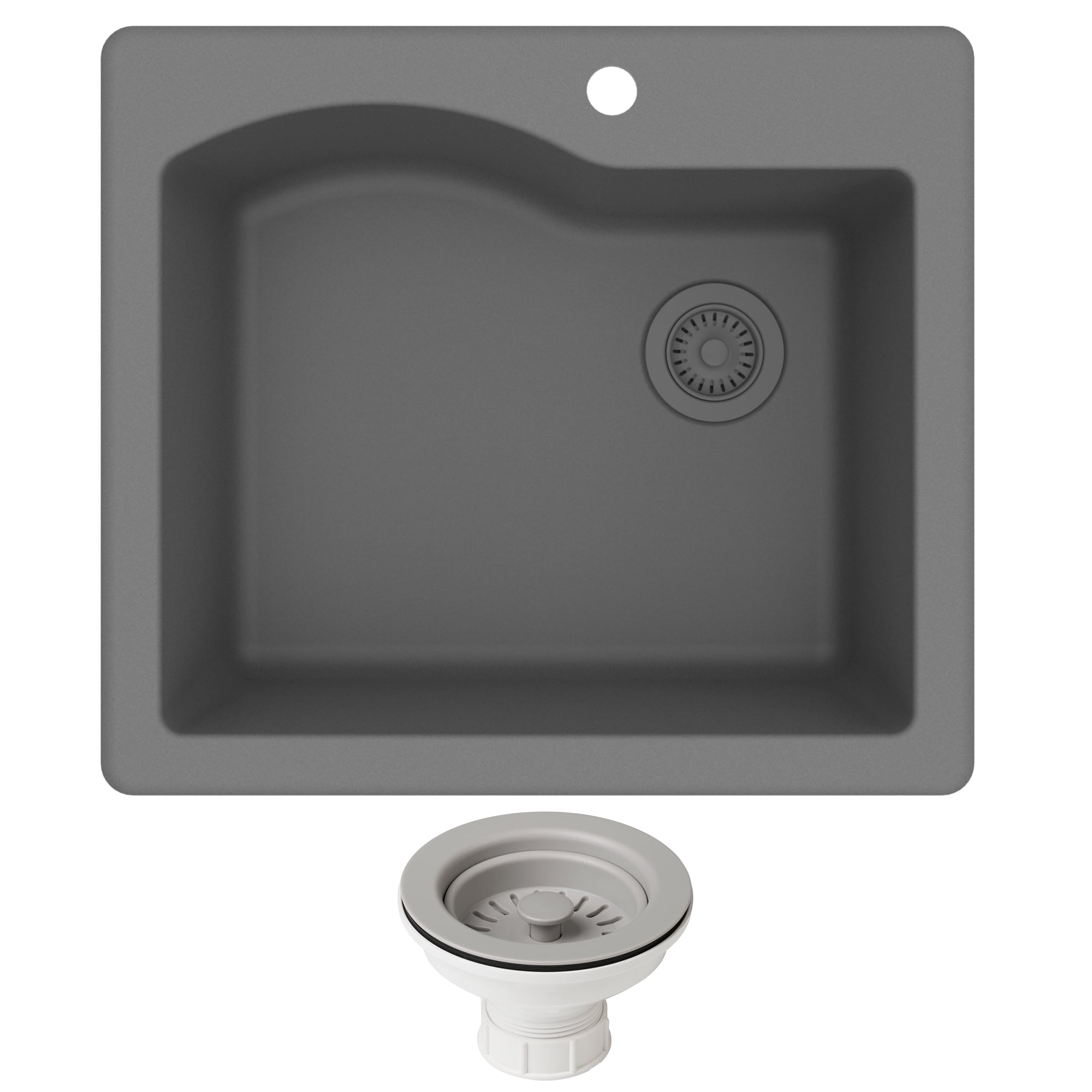Kraus Quarza 25 Dual Mount Single Bowl Granite Kitchen Sink and Strainer in Grey