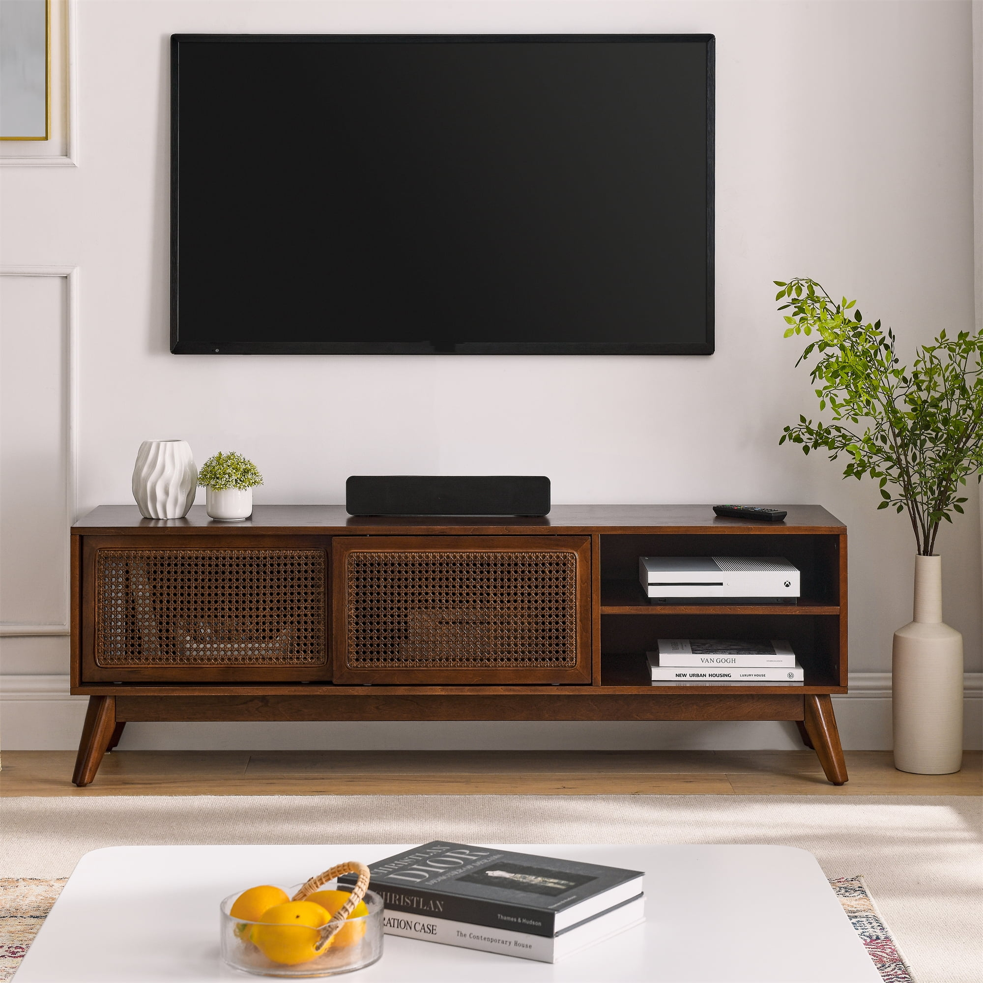 Kselythan TV Stand for 65 Inch TV, Entertainment Center, Rattan TV Console with 2 Cabinets, Media Console,Media Cabinet for Living Room
