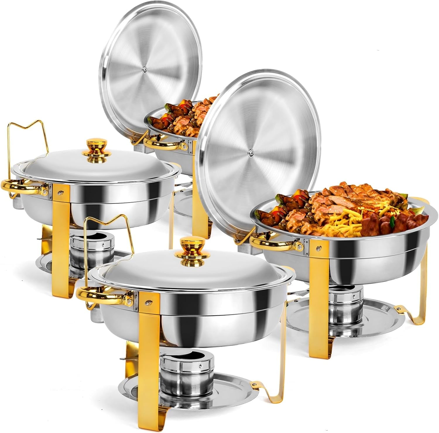 Ktaxon 4 Pack Chafing Dish for Buffet with Lid Holder, 5 Quart Stainless Steel Buffet Set, Round Chafers and Warmers Sets for Party, Catering, Wedding, Banquet, Graduation