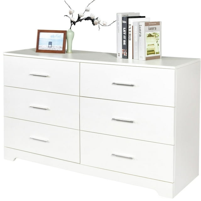 Miekor 6 Drawer Double Dresser for Bedroom, Wide Storage Cabinet for Living Room Home Entryway, White G6054