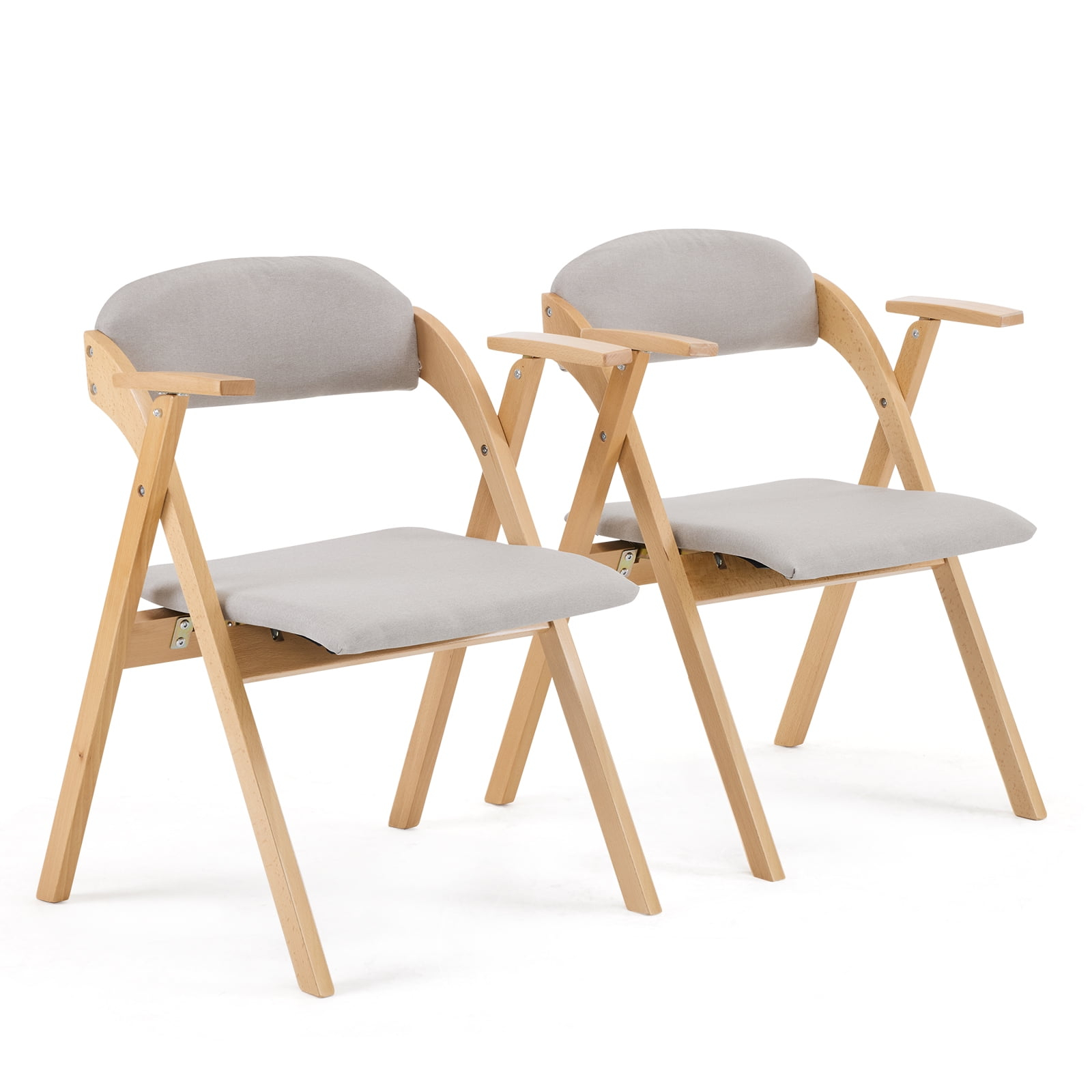 Ktaxon Folding Chairs Beech Frame Foldable Event Chairs Fabric Padded Diner Chairs with Arms for Office and Party Reading Dining Set of 2 Light Gray