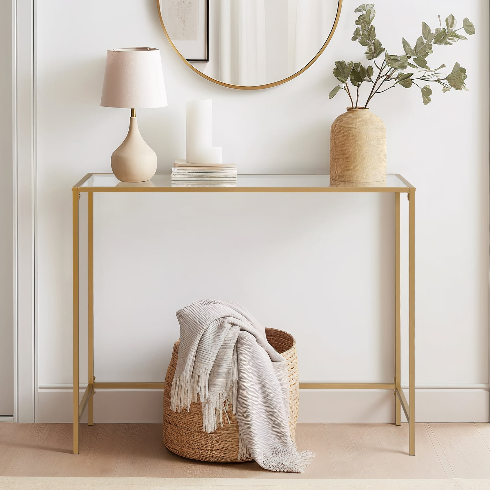 Hassch 39.4" Console Sofa Table Modern Entryway Tempered Glass Table with Gold Metal Frame for Living Room, Hallway