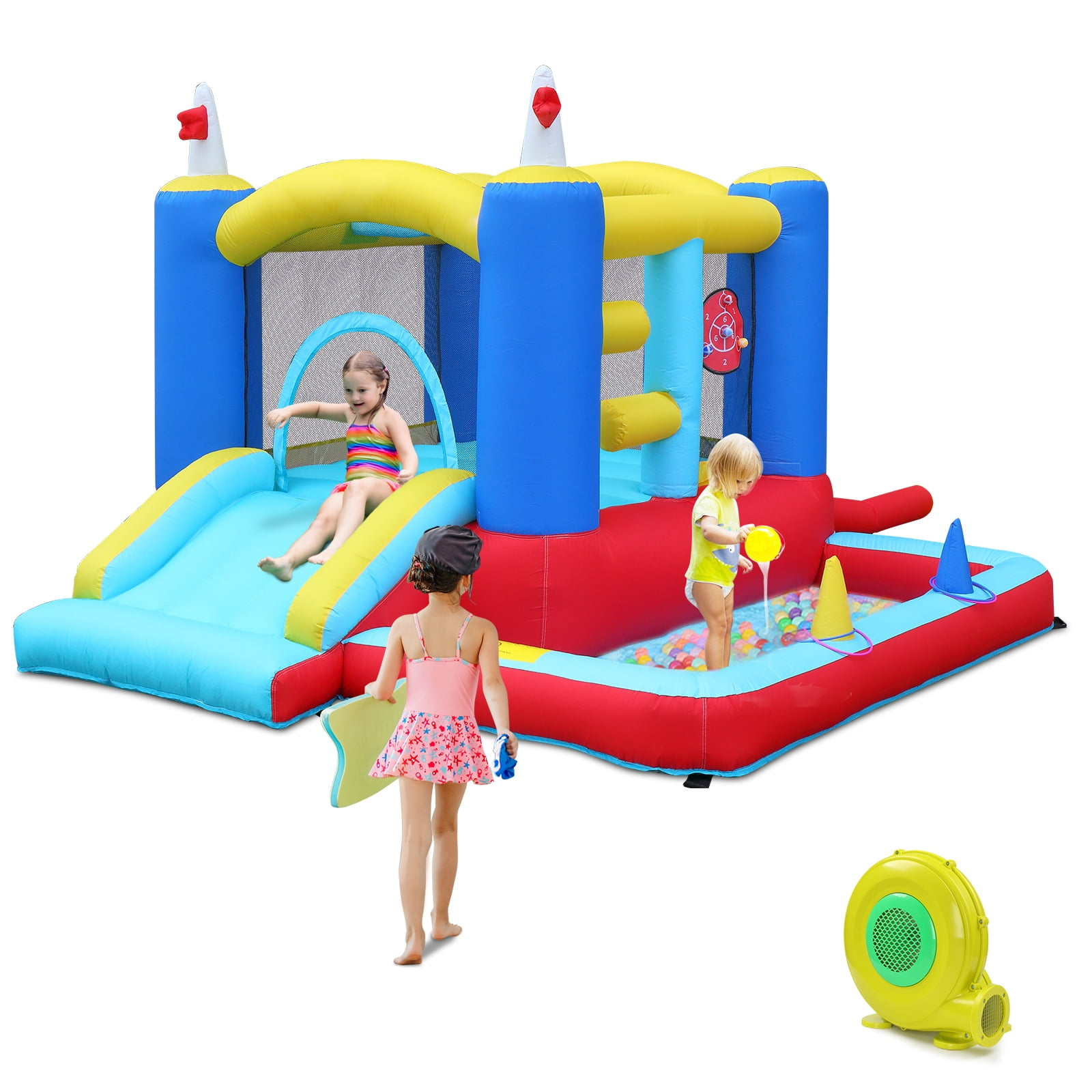 Ktaxon Inflatable Bounce House with Blower for Kids 3+, Indoor & Outdoor Bouncy Castle with Slide, Perfect for Birthday Parties, Backyard, Lawn