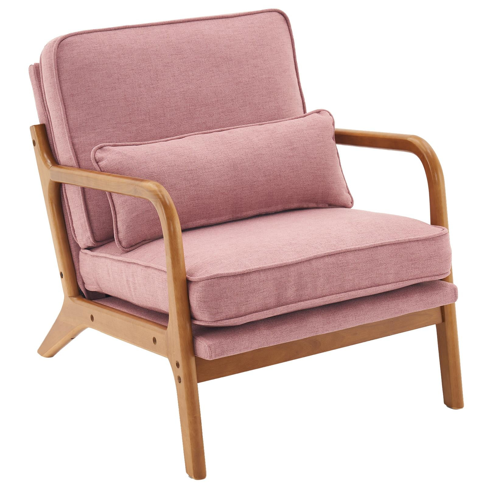 Ktaxon Mid Century Modern Accent Chair, Linen Fabric Armchair, Hight Back Single Sofa with Solid Wood Frame Pink