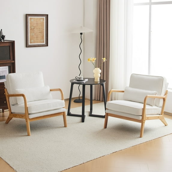 YODOLLA  Fabric Accent Chair Mid-Century Modern Upholstered Arm Chair Set of 2 for Living Room in White