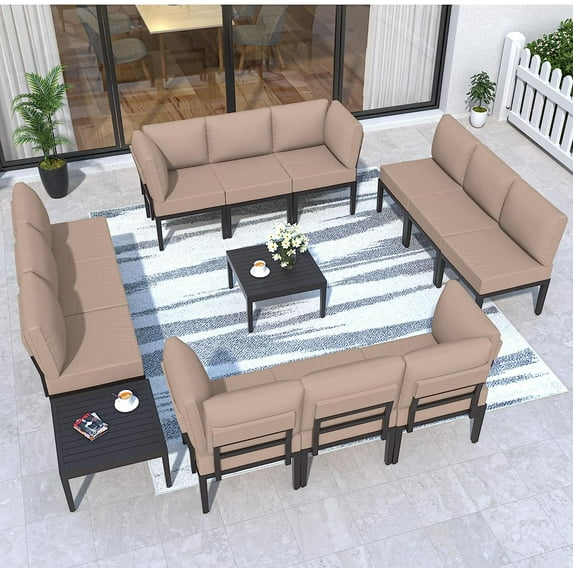 Kullavik Aluminum Patio Furniture Set,14 Pieces Modern Outdoor Conversation Set, Outdoor Metal Sectional Sofa with Thick Cushion and Coffee Table,Sand