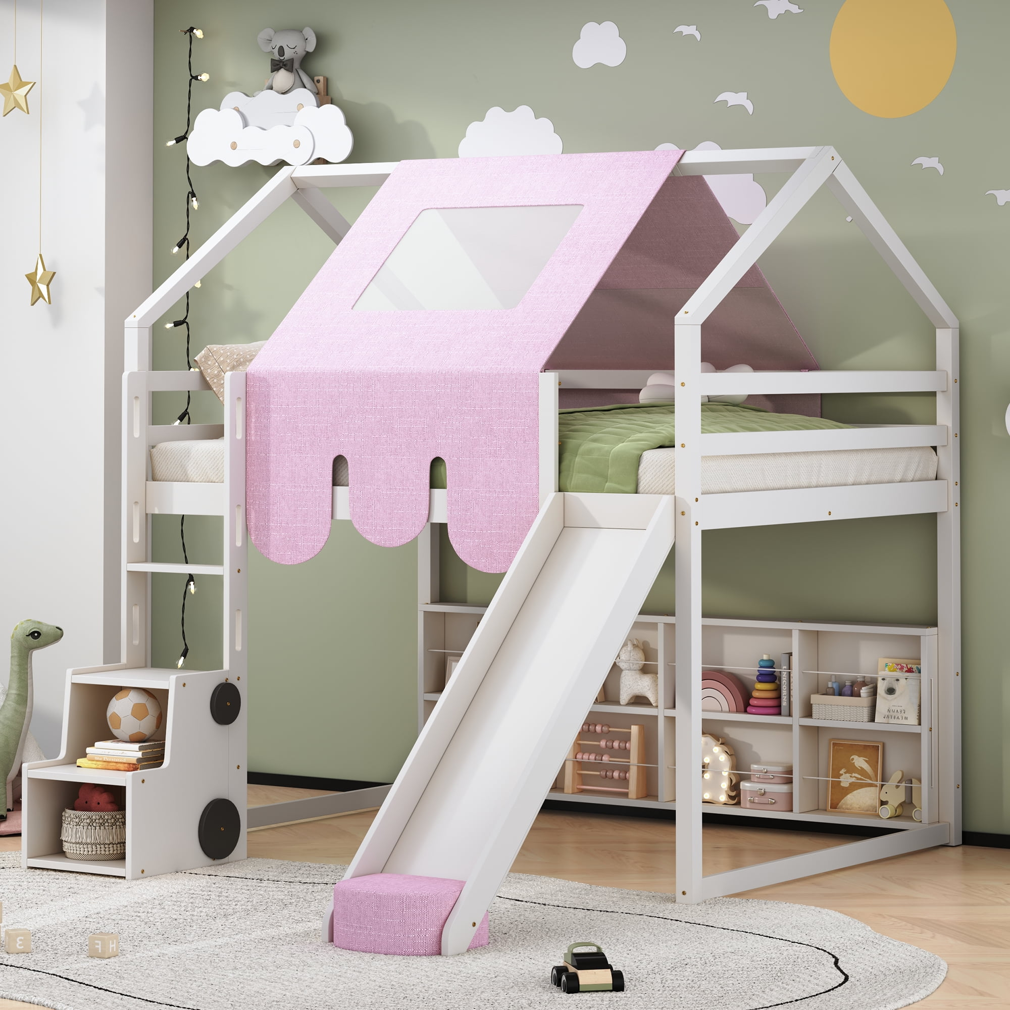 Kumix Full Size Loft Bed with Slide and Tent, House Loft Bed with Car-Shaped Storage and 2 Tier Shelves, Wood Loft Bed with Safety Guardrail & Ladder for Kids Teens Boys Girls, Noise-Free, Pink