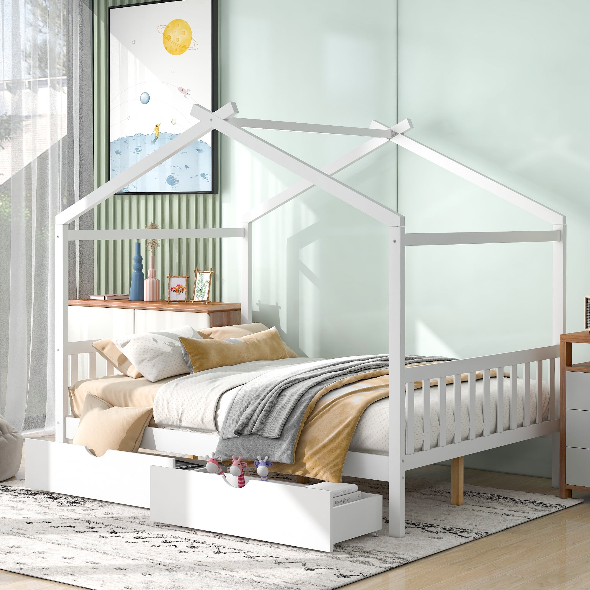Kumix Platform Bed with Two Drawers, Wooden House Platform Bed Full Size with Headboard and Footboard, Roof Design for Kids Teens Boys and Girls, Noise-Free, No Box Spring Needed, White