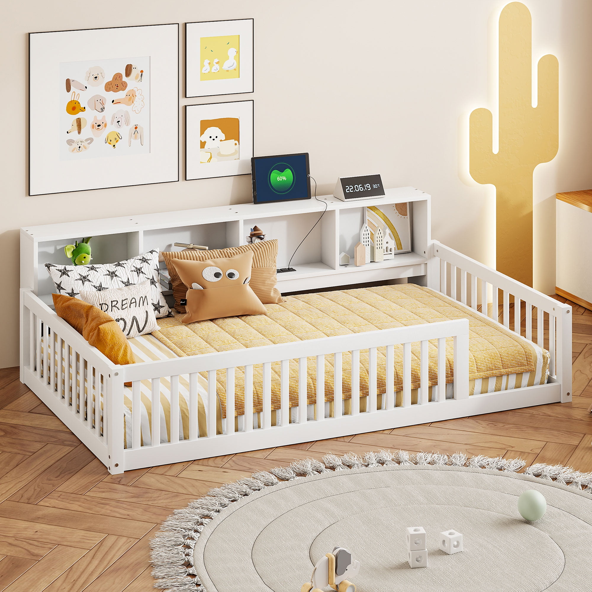 Kumix Twin XL Size Floor Bed with 4 Open Storage Cabinets and USB Ports, Solid Wood Daybed Frame with Semi-Enclosed Fence for Bedroom, No Weight Capacity Limit, Noise-Free, Easy Assembly, White