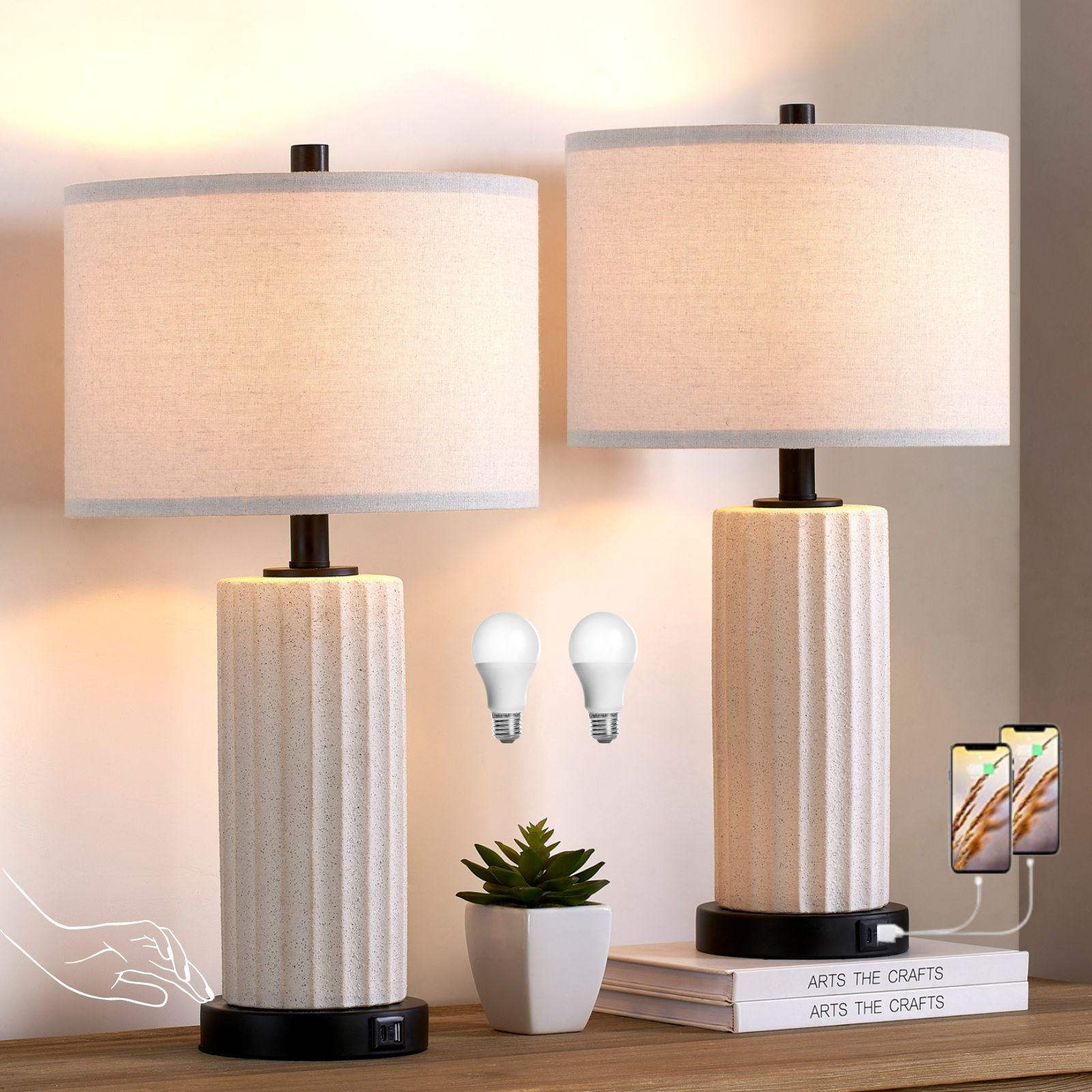 Kyrid 23''Ceramic Table Lamp Set of 2 Touch Control Bedside Lamps with USB Ports and AC Outlets (Bulbs Included)